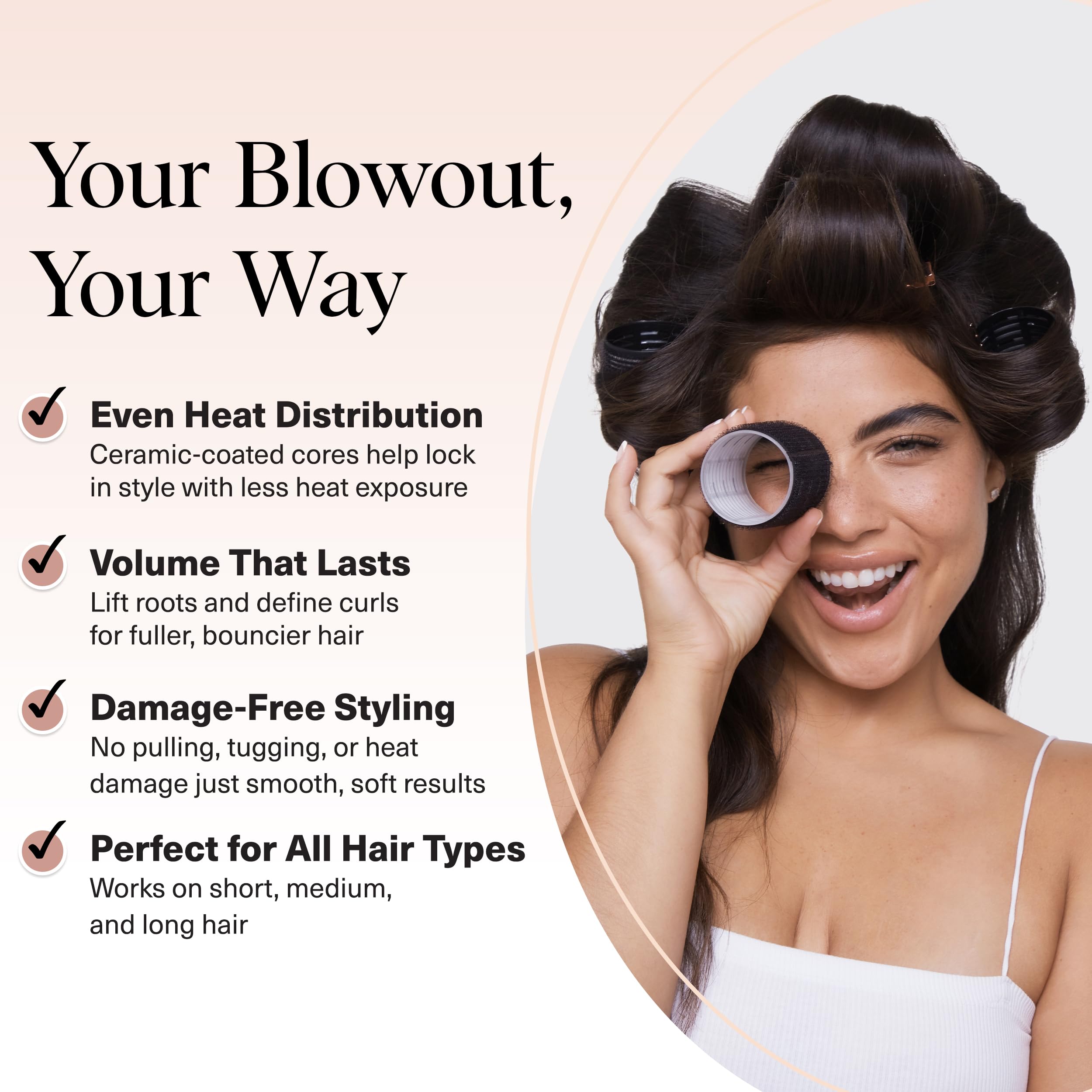 Kitsch Ceramic Thermal Hair Rollers - 8pcs Velcro Self-Grip Curlers for Short, Medium & Long Hair - Black