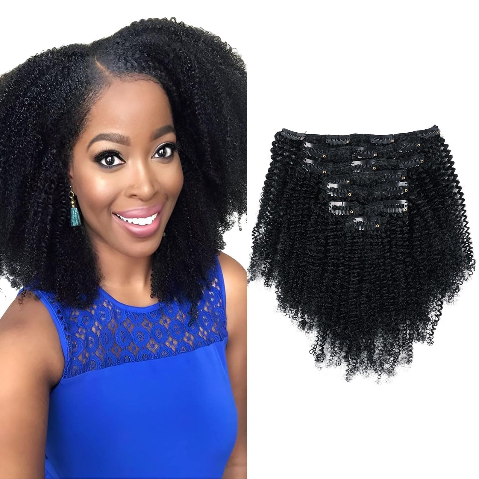 Sassina Afro Coily Clip Ins Human Hair Double Wefts 4B 4C Afro Kinky Coily Clip Ins For Black Women Jet Black Clip In Full Head