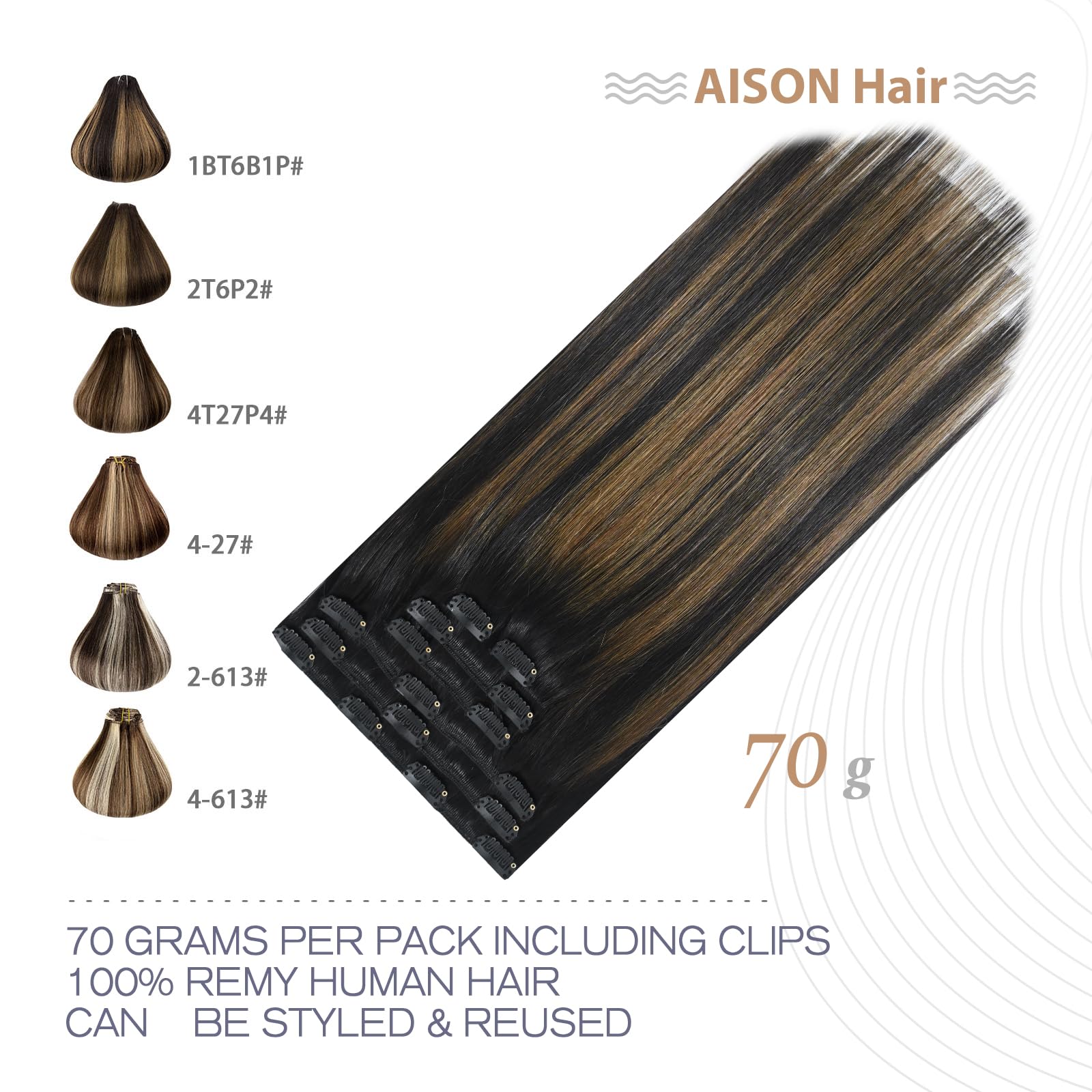 Aison Clip in Hair Extensions 70G Natural Black to Chestnut Brown 100% Remy Human Hair Clip in Extensions for Fashion Women 7pcs