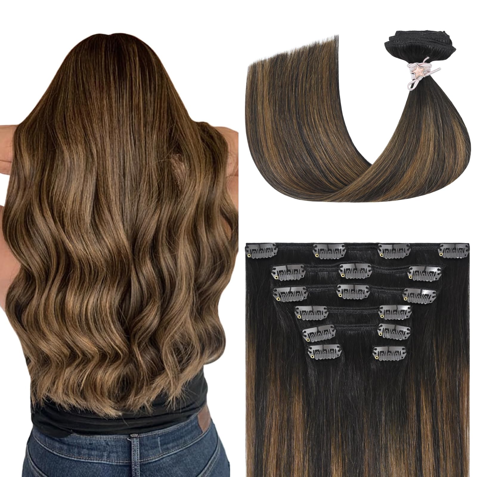 Aison Clip in Hair Extensions 70G Dark Brown to Chestnut Brown 100% Remy 20 Inch Human Hair Clip in Extensions Silky Straight fo