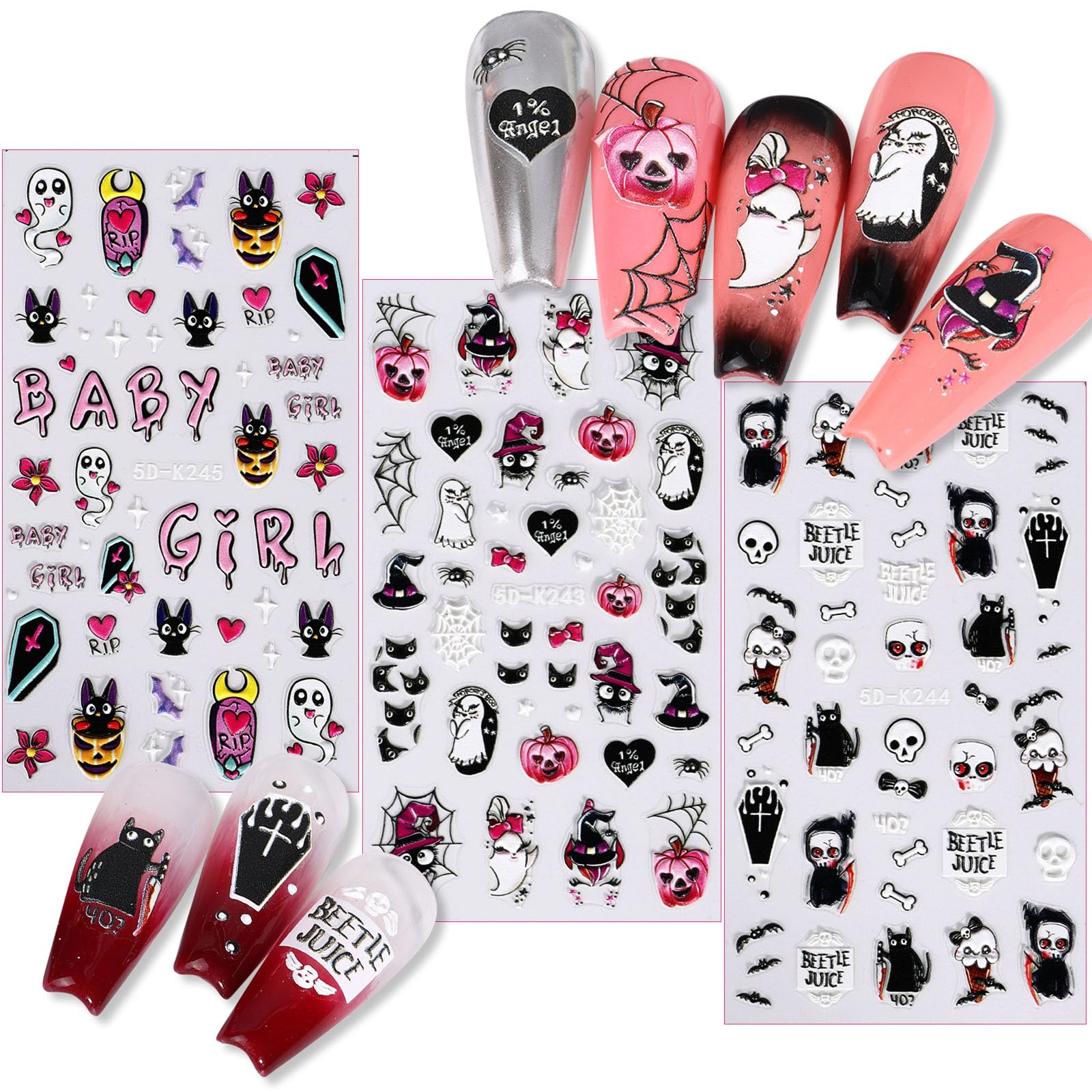 5D Self-Adhesive Nail Stickers For Halloween Nail Decals, Diy Nail Art Design With Bat, Ghost, Pumpkin, Spider Web, Witch, Skull