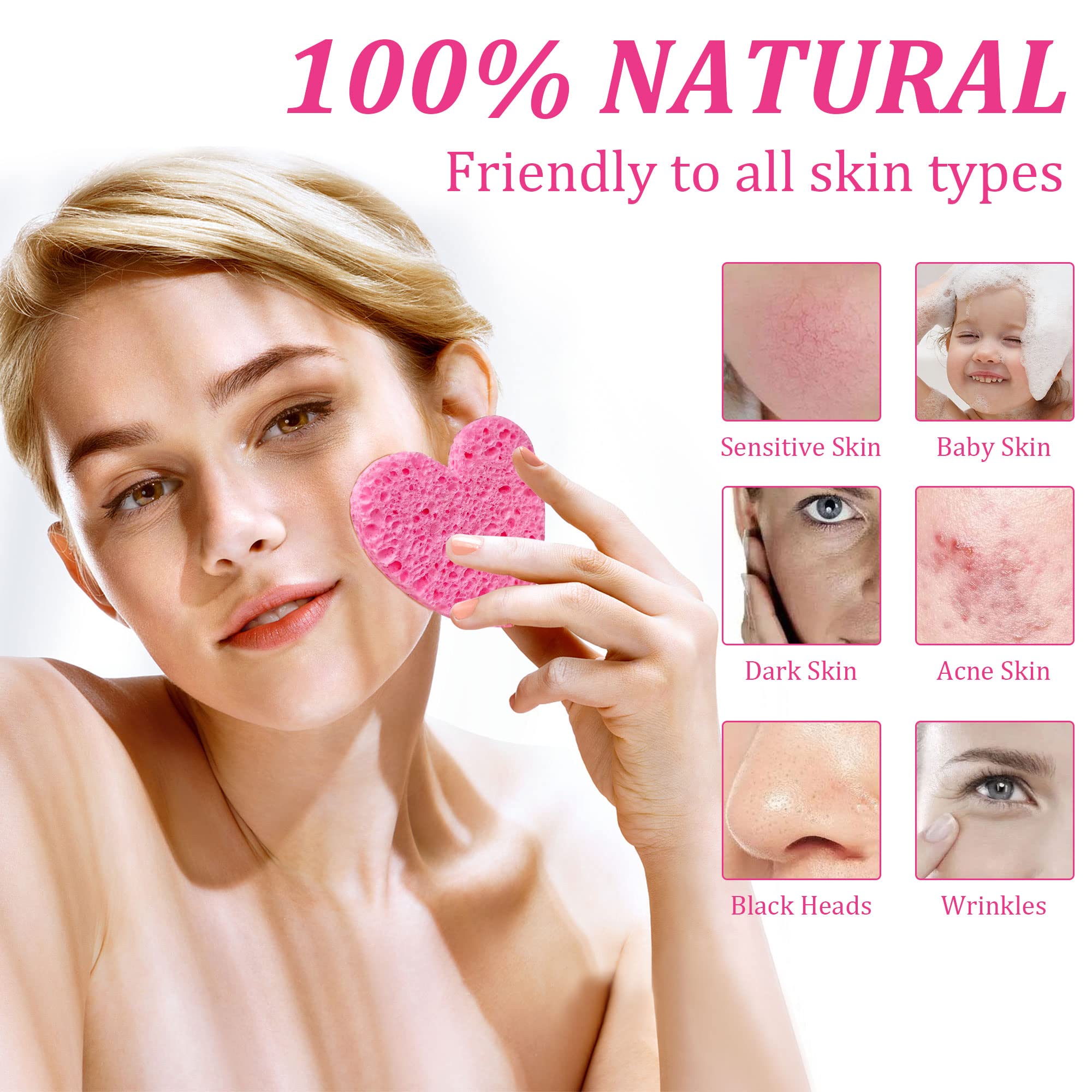 60-Count Kickleen Compressed Cellulose Heart Shape Facial Sponges | 100% Natural Cosmetic Spa Sponges For Facial Cleansing | Exf