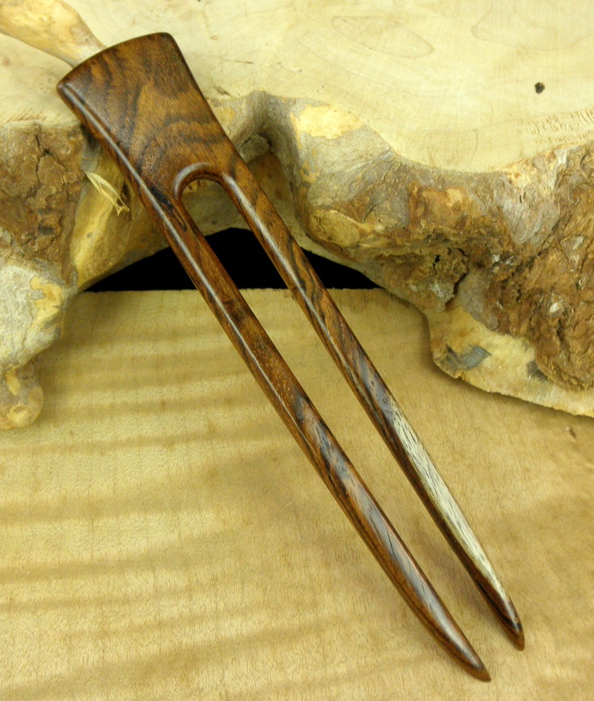 (1) Rosewood Wood Two Prong 6 Inch Straight Hair Stick Pick Pic Pin Fork