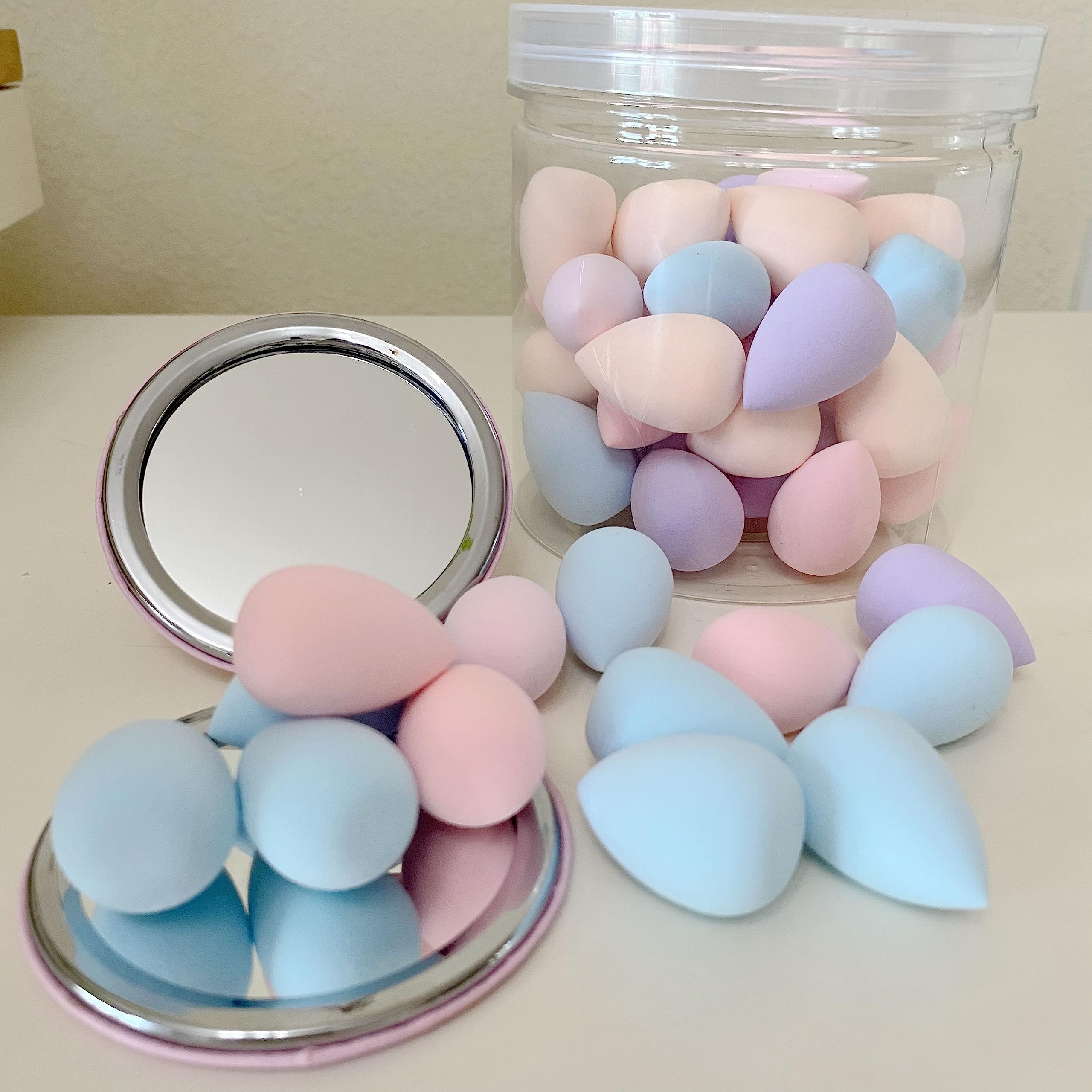 50 Pcs Small Mini Makeup Sponges And Powder Puff With Makeup Mirror, Multi Colored Beauty Blender Makeup Sponge Facial Makeup To