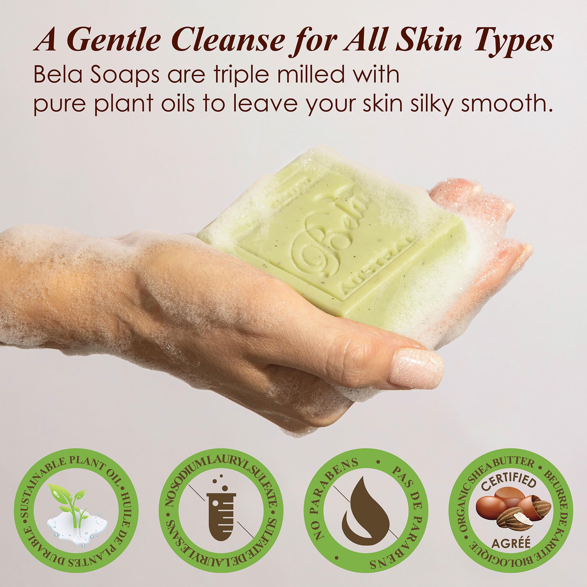 Bela Bath & Beauty, Gardeners With Crushed Leaf, Bran, And Oats, Triple Milled Moisturizing Soap Bars, No Harsh Ingredients, 3.3