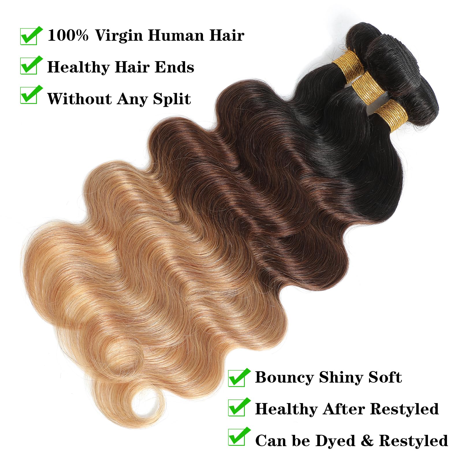Ombre Brazilian Virgin Hair Body Wave Ombre Human Hair 3 Tone,3 Bundles Ombre Brazilian Hair Extensions (T1B/4/27,14'' 16'' 18''