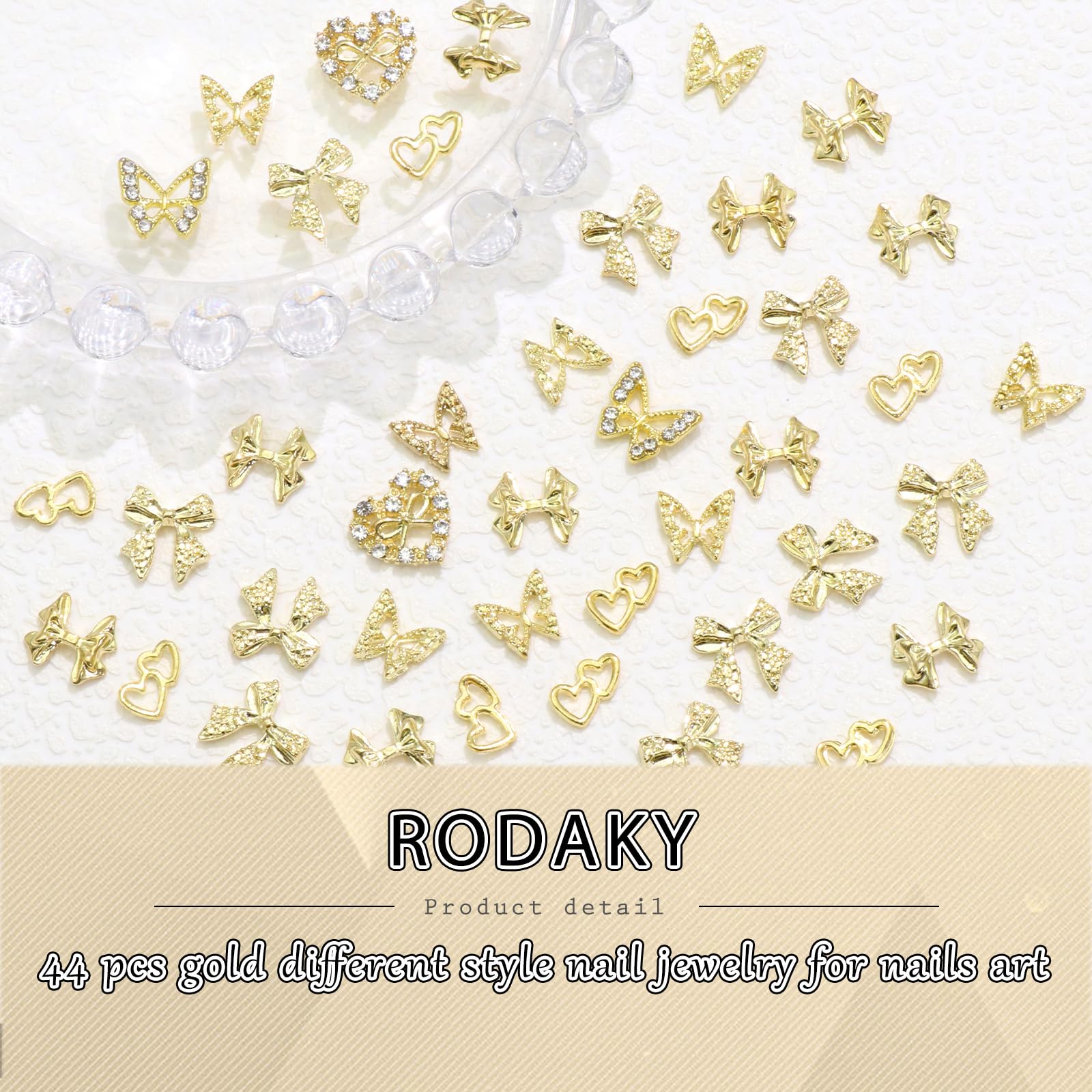 Rodaky 44Pcs Gold Nail Charms 3D Bow Butterfly Charms For Nails Metal Heart Nail Gems Multi Style Luxury Nails Decoration For Ma