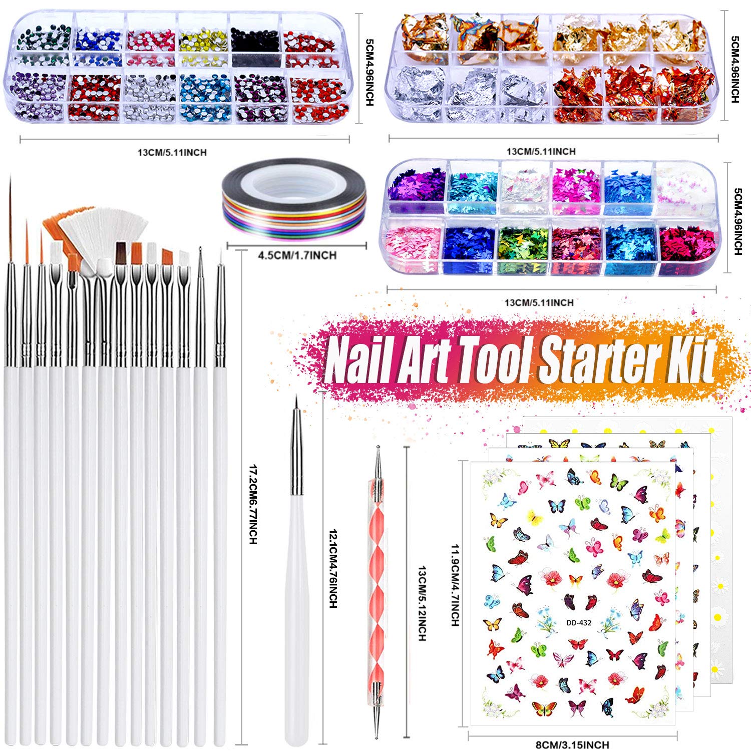 Joyjuly Nail Art Brushes Kit, 3D Nail Art Decorations Kit With Nail Dotting Tools Butterfly Nail Art Glitters Stickers Nail Art