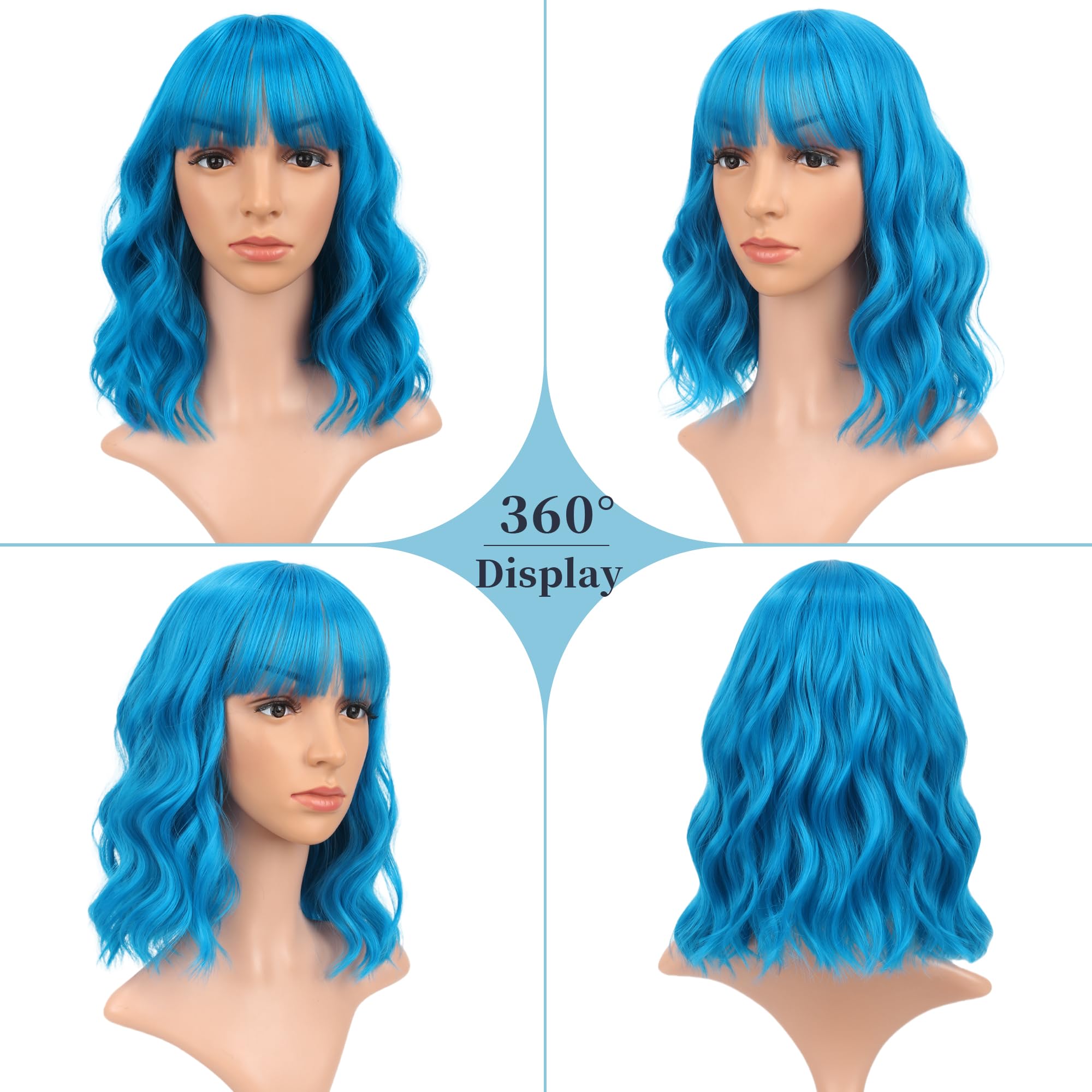 VCKOVCKO Short Bob Wigs Lake blue Wavy Wig With Air Bangs Women's Shoulder Length Wigs Curly Wavy Synthetic Cosplay Wig Pastel B