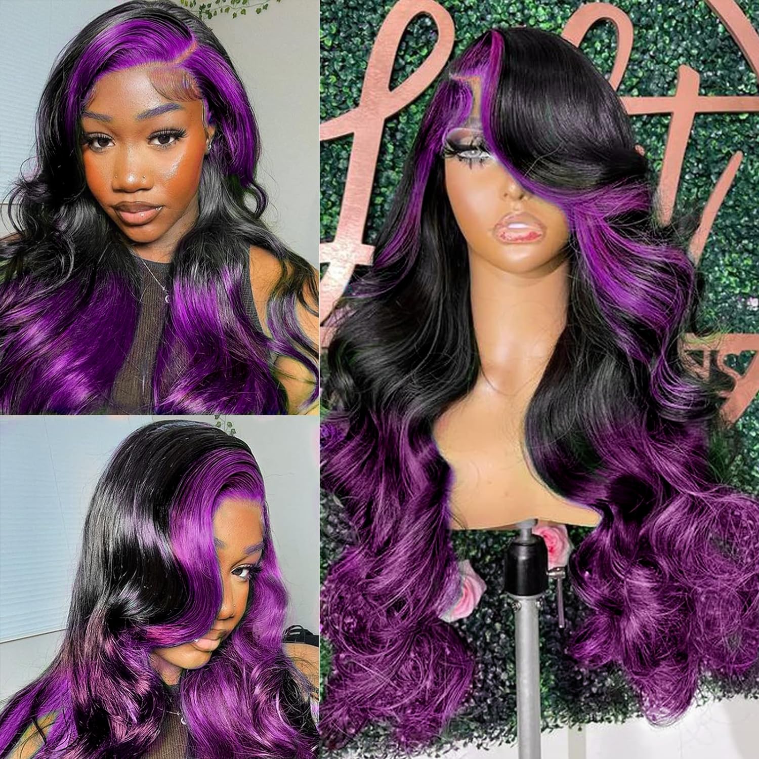 Goldfinch Skunk Stripe Wigs Human Hair Lace Front Purple Highlights Wig 13X4 Hd Dark Burgundy Highlight Body Wave 150% Density P
