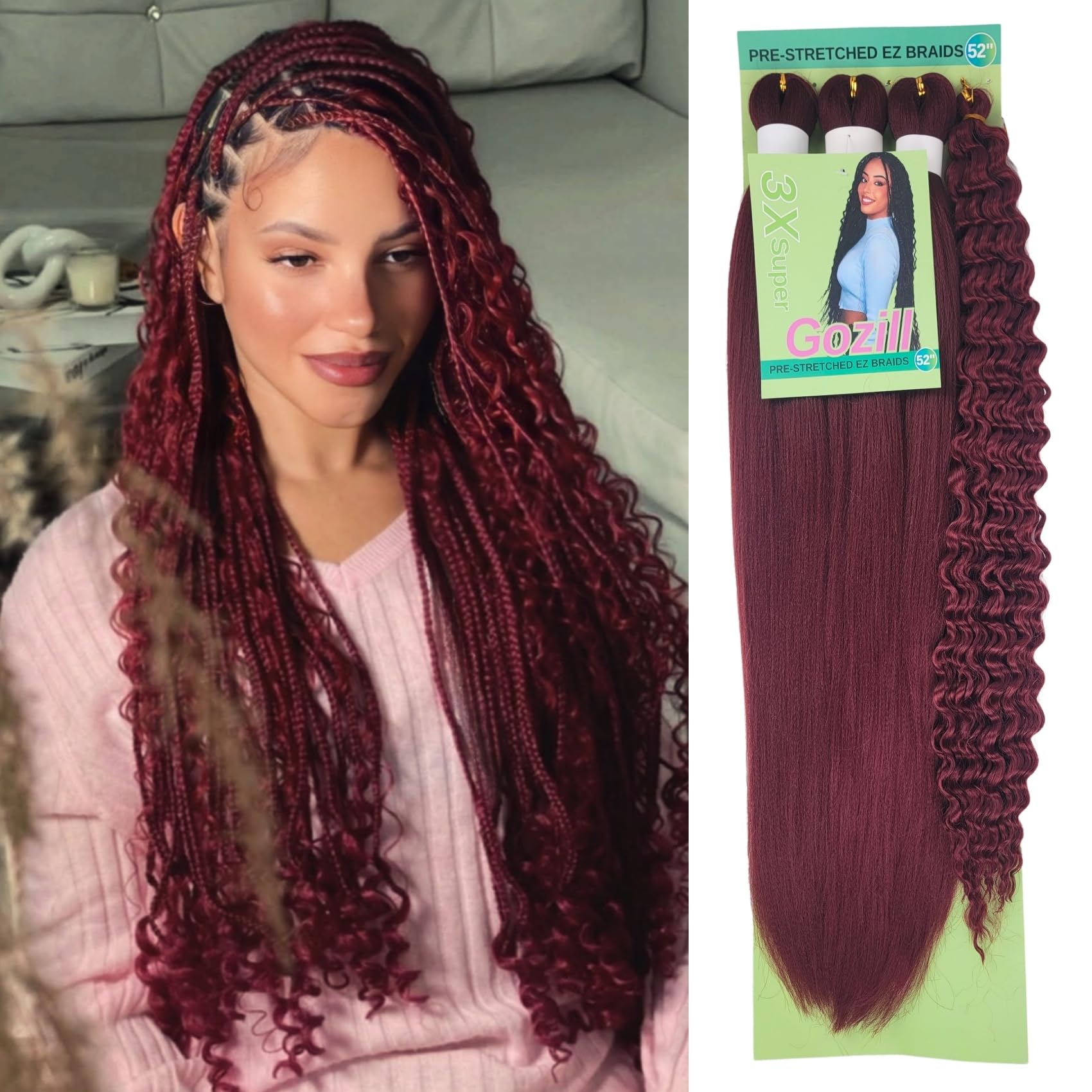 Burgundy Braiding Hair Pre Stretched Knotless Braiding Hair for Boho Braids(6 Packs)