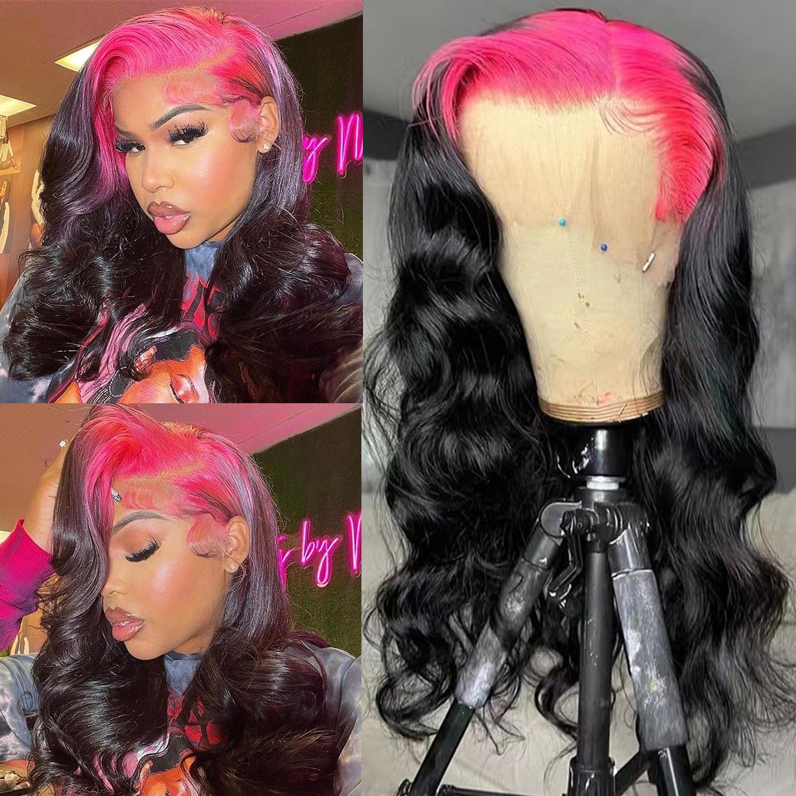 YMS Pink Wigs for Women Human Hair Pink Roots Lace Front Wigs Human Hair 180% Density Glueless Wigs Human Hair Pre Plucked Color