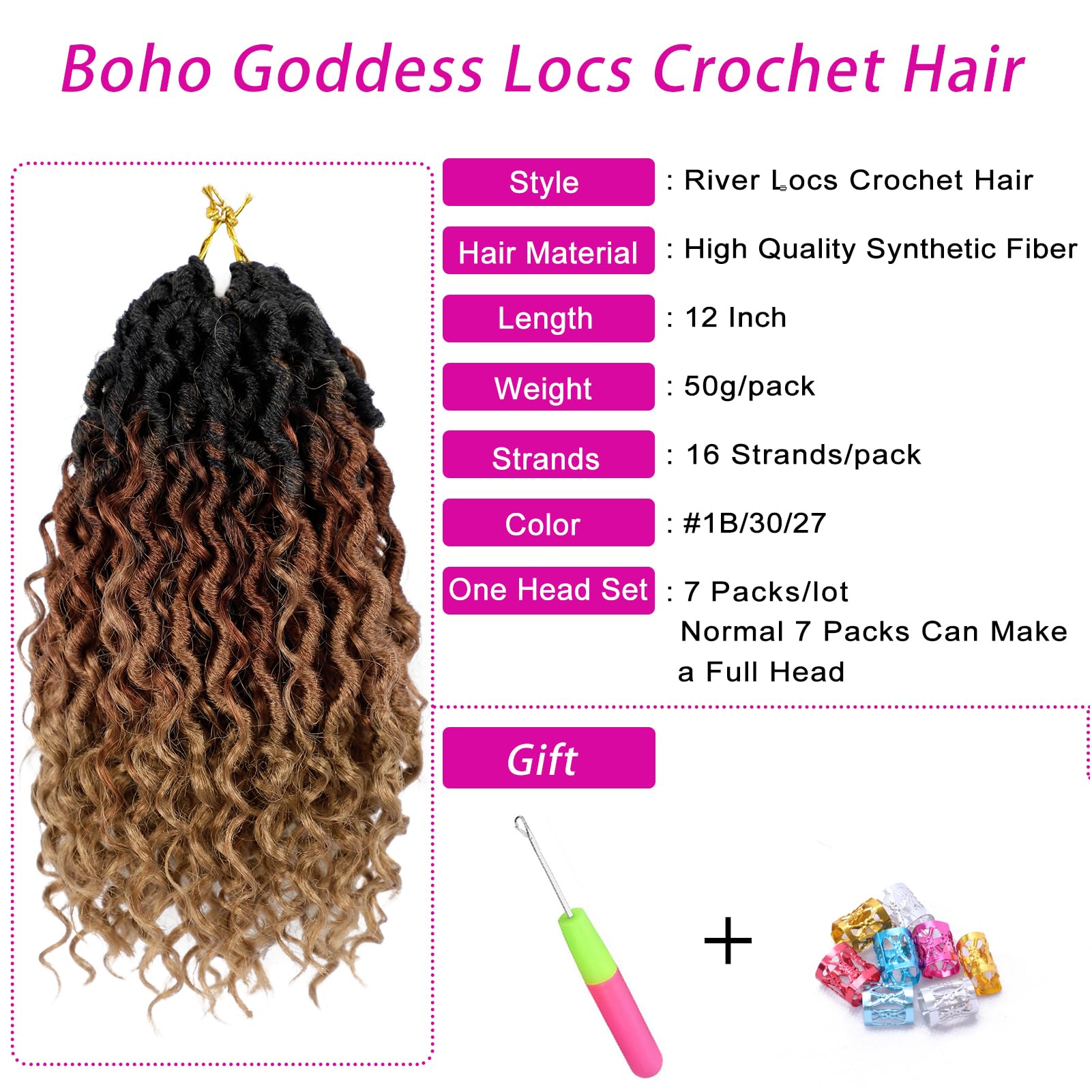 Goddess Locs Crochet Hair 12 Inch 7 Packs Ombre Brown Boho Faux Locs Crochet Hair for Black Women Pre Looped Crochet Locs with C