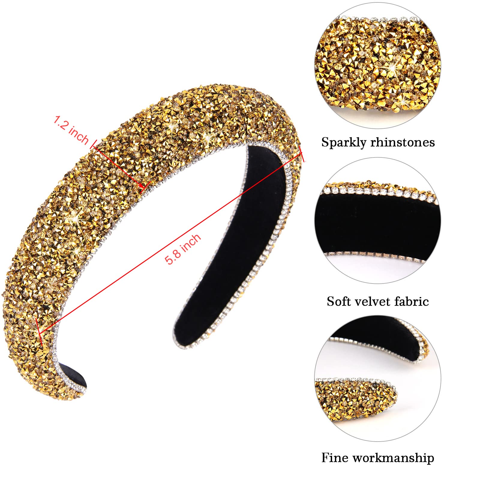 Wecoe Yellow Gold Headband Diamond Headband Glitter Headband For Women Rhinestone Padded Headband Bling Sparkle Headbands Fashio