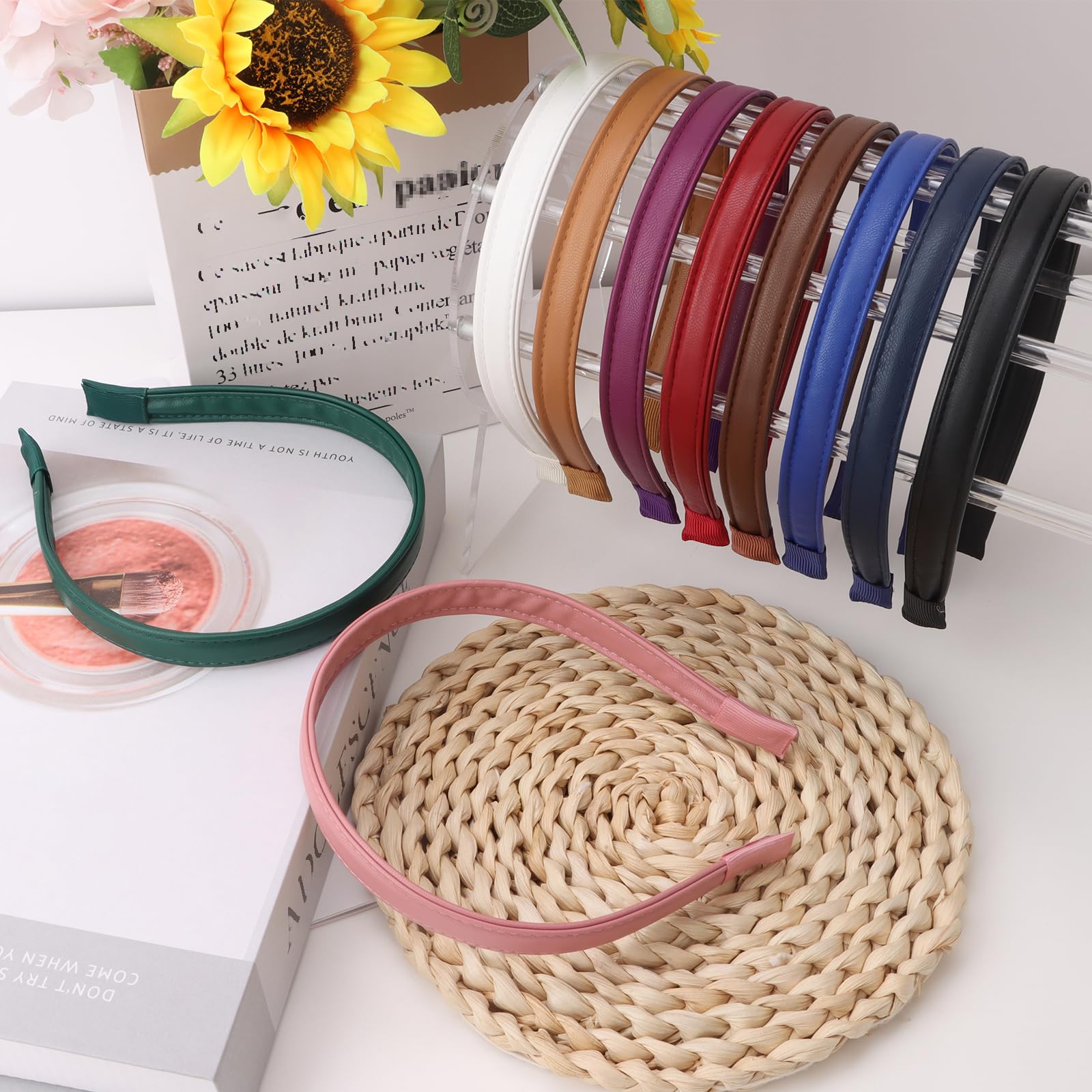 Wecoe 10pcs Pu Leather Headbands Women 0.6 Inch White Pink Brown Coffee Red Purple Green Royal Blue Navy Blue Black Headband Non