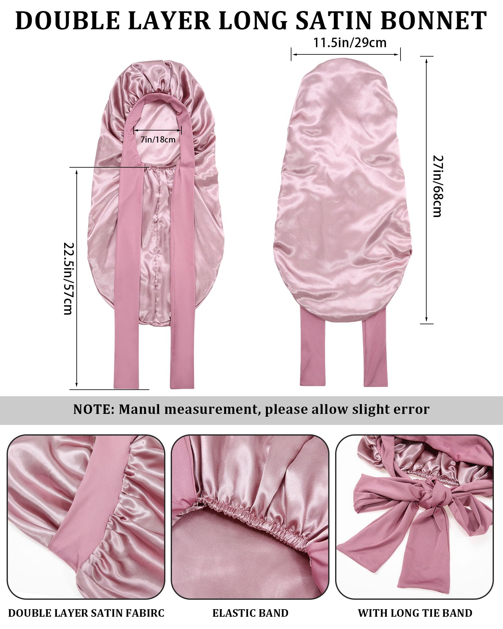 Awaytr Long Hair Bonnet For Sleeping - Double Layer Long Elastic Tie Band Satin Bonnet For Women With Sleep Eye Mask (Rose Gold)