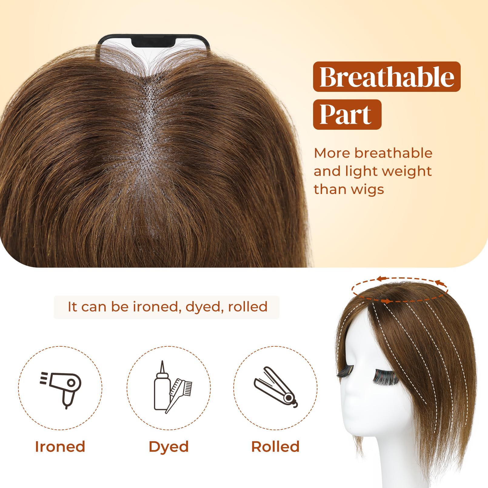Lonai Real Human Hair Topper, 10 Inch 100% Human Hair Toppers For Thinning Hair, Large Hand-Woven Area Coverage Natural Hairpiec