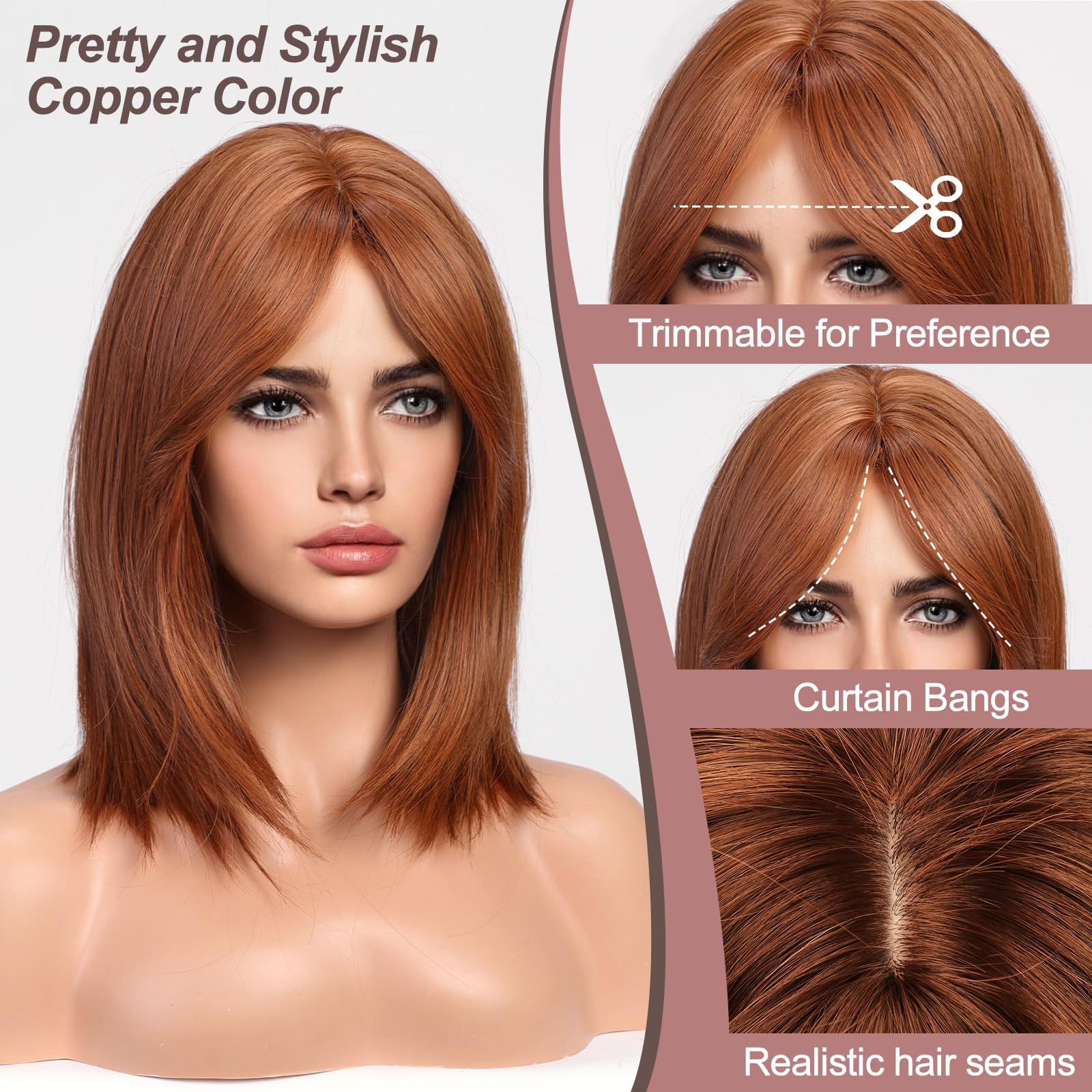 Haircube Short Auburn Wigs For Woemn Copper Straight Wig With Curtain Bangs Shoulder Length Natural Synthetic Wig For Daily Use