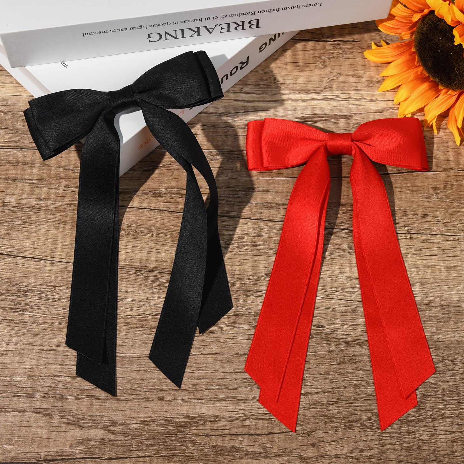 2Pcs Silky Satin Hair Bows Hair Clip Black Red Hair Ribbon Ponytail Holder Accessories Slides Metal Clips Hair Bow For Women Gir