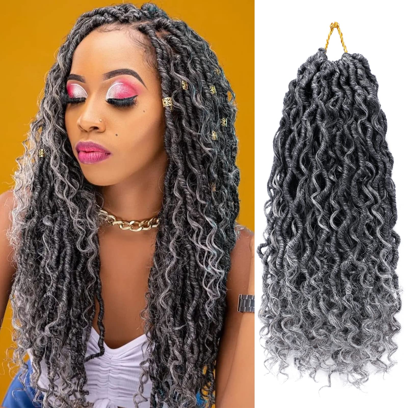 Goddess Locs Crochet Hair 14 Inch 7 Packs Ombre Grey Boho Faux Locs Crochet Hair for Black Women Pre Looped Crochet Locs with Cu