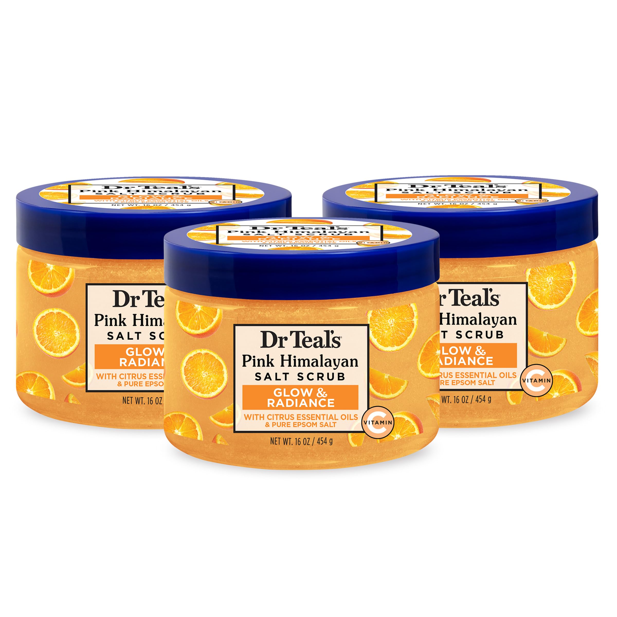 Dr Teal's Pink Himalayan Salt Body Scrub, Glow & Radiance with Pure Epsom Salt & Citrus Essential Oils 16 oz (Pack of 3) (Packag