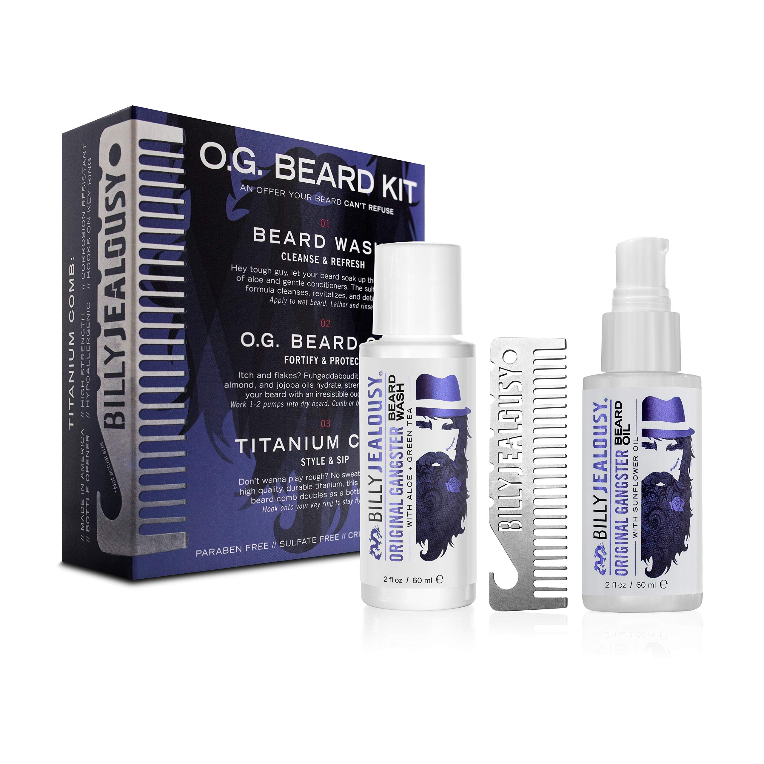 Billy Jealousy Original Gangster Beard Kit with Trave Size Beard Wash, Oil and Titanium Keychain Comb to Cleanse, Stengthen & So