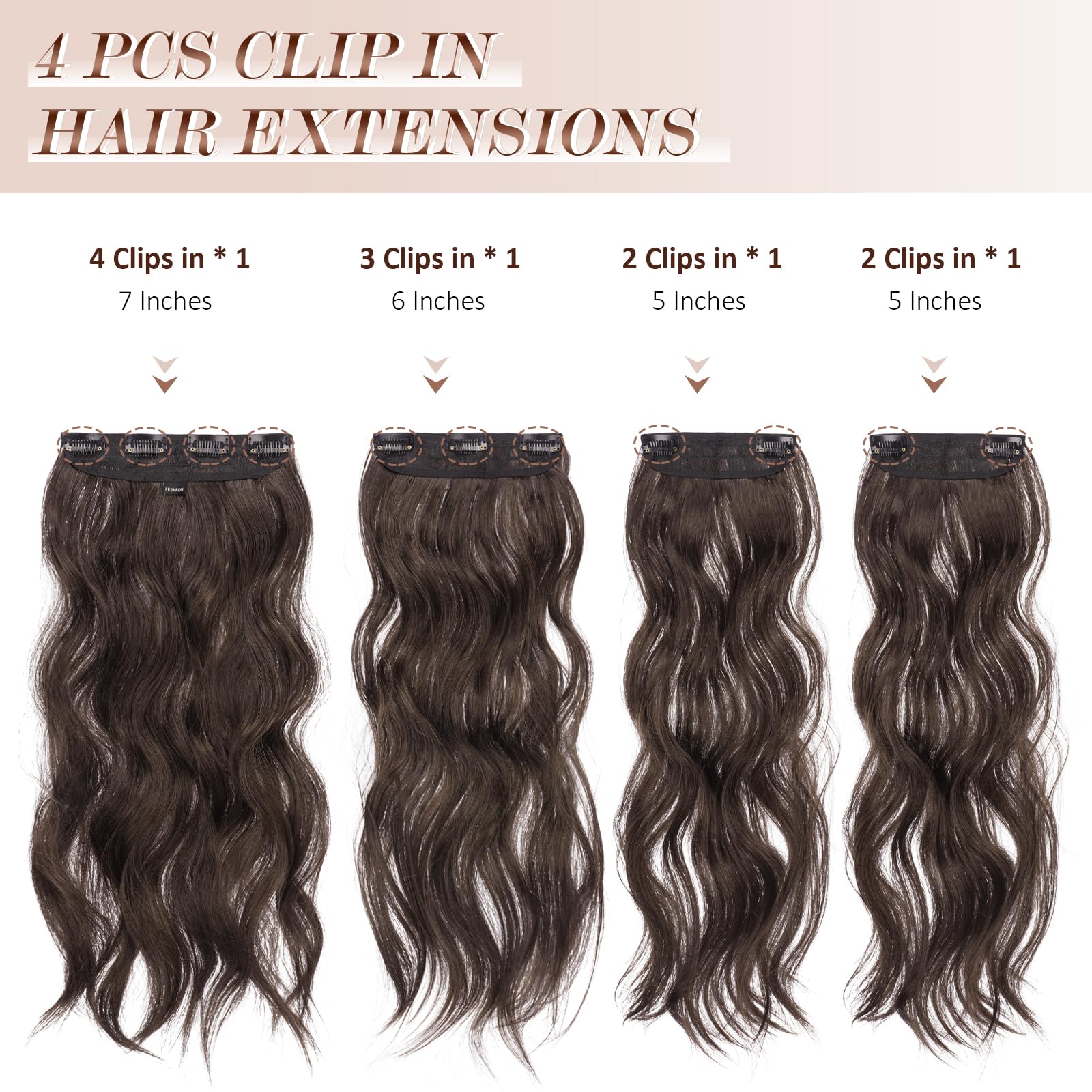 FESHFEN Clip in Hair Extensions 4 PCS Chocolate Brown with Dark Brown Thick Highlighted Hairpieces Long Wavy Clip in Hair Piece