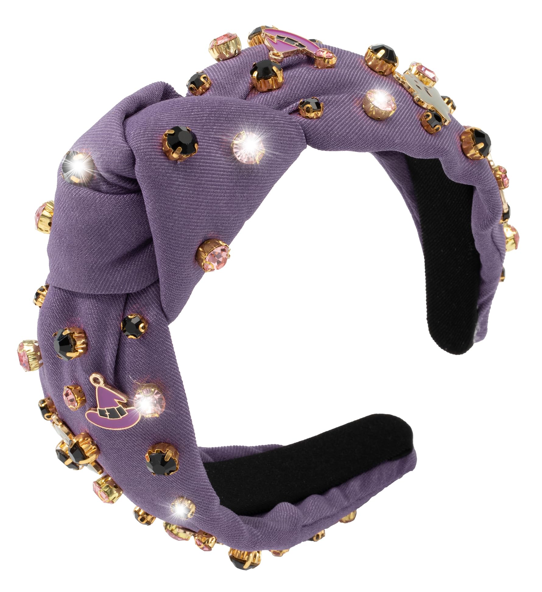 Halloween Rhinestone Knotted Jeweled Headband for Women - Purple Witch Hat Ghost Embellished Mixed Top Hairband - Ladies Twist W