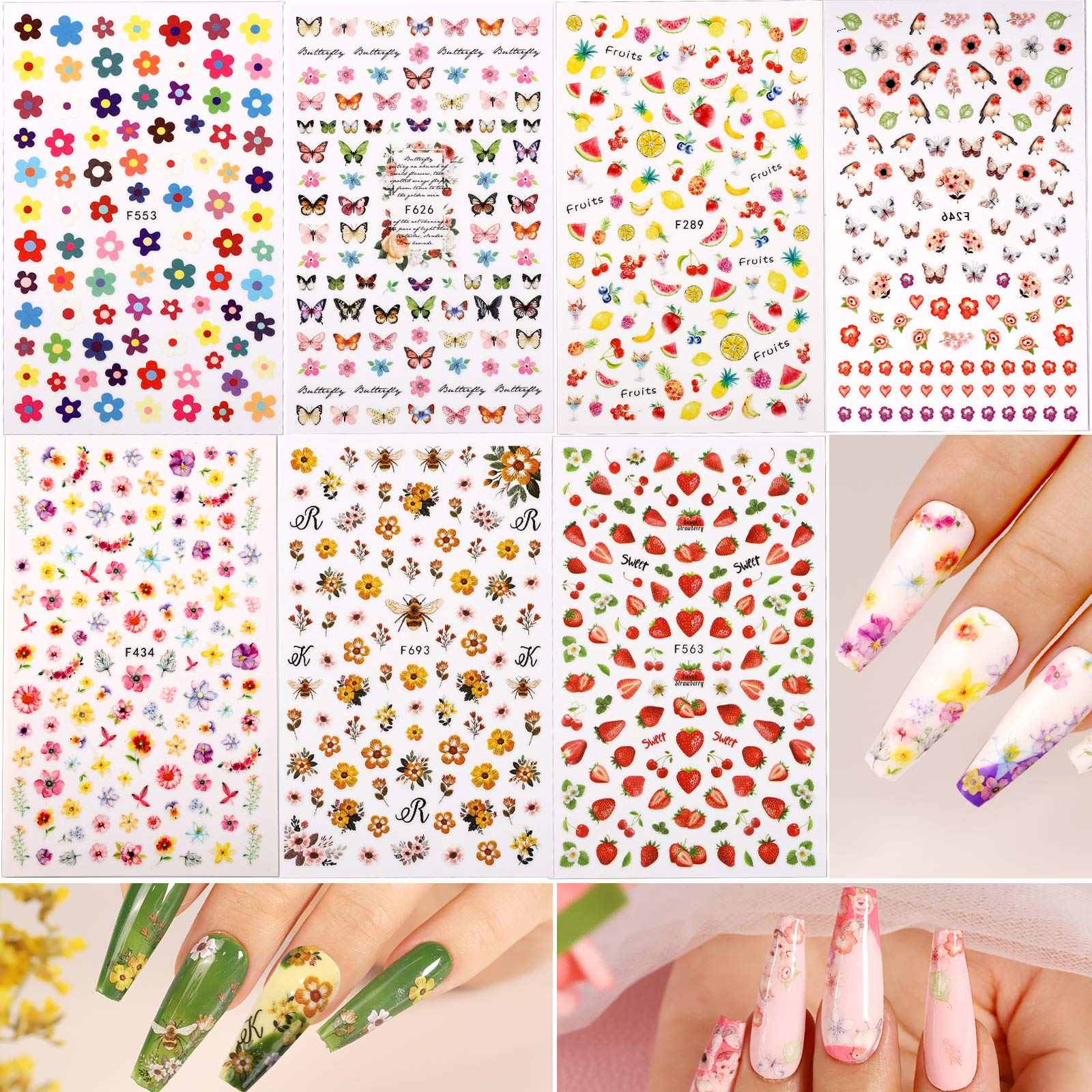 12 Sheets Nail Art Sticker 3D Self-Adhesive, Teenitor Nail Art Decoration with 5 Boxes Holographic Nail Art Glitter Flakes Butte