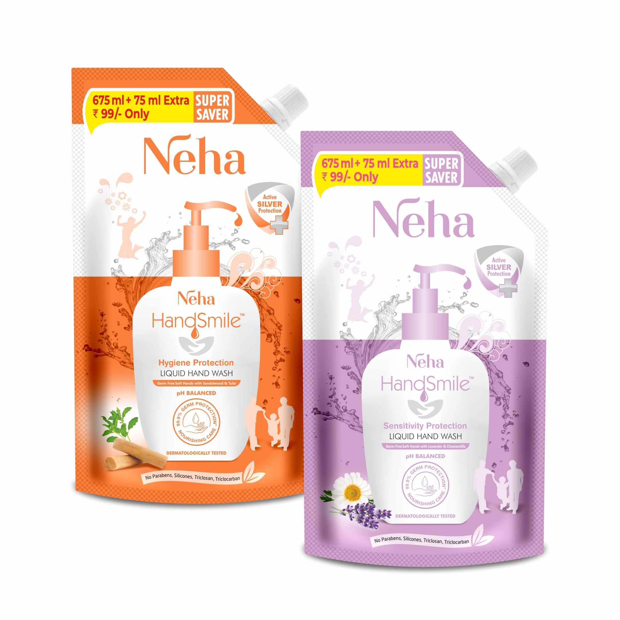 Neha Handsmile Liquid Handwash Sensitivity Protection With Lavender & Chamomilla & Hygiene Protection With Sandalwood & Tulsi Re