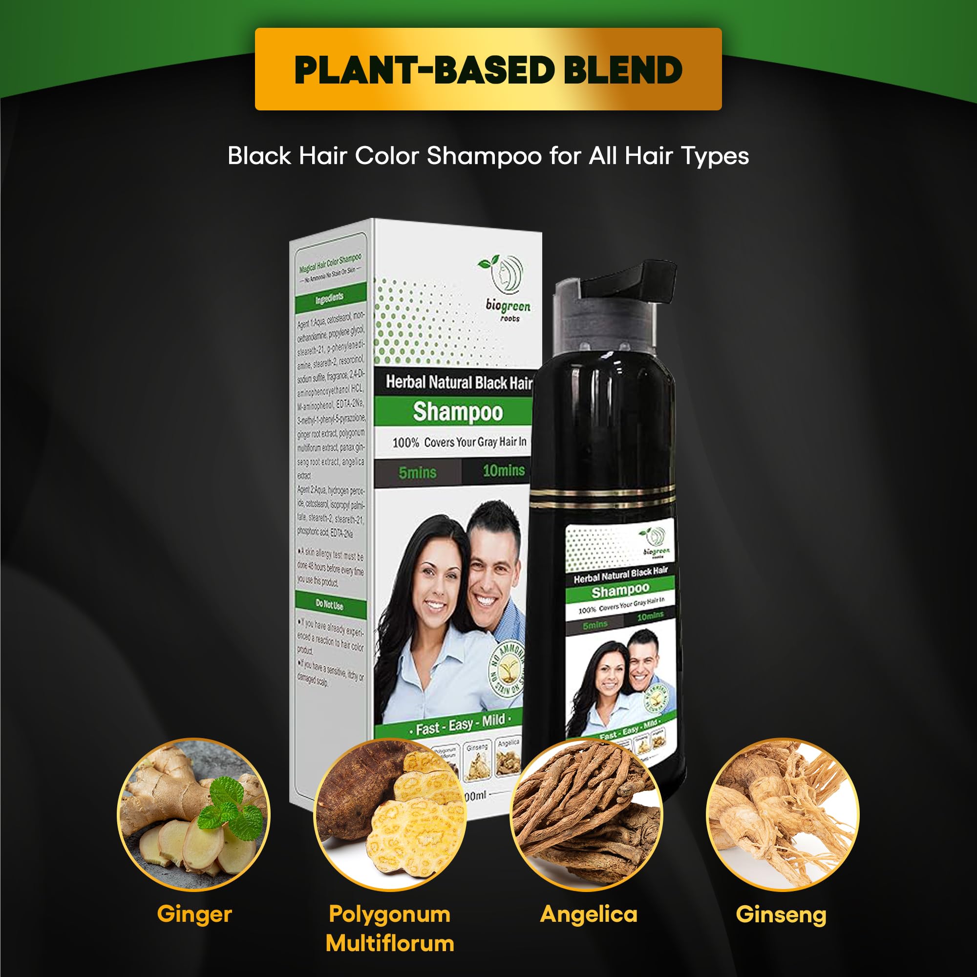 BIOgREEN ROOTS 200 ml Natural Black Hair color Shampoo With Herbals - Black Shampoo for grey Hair - covers gray Hair in 10 Minut
