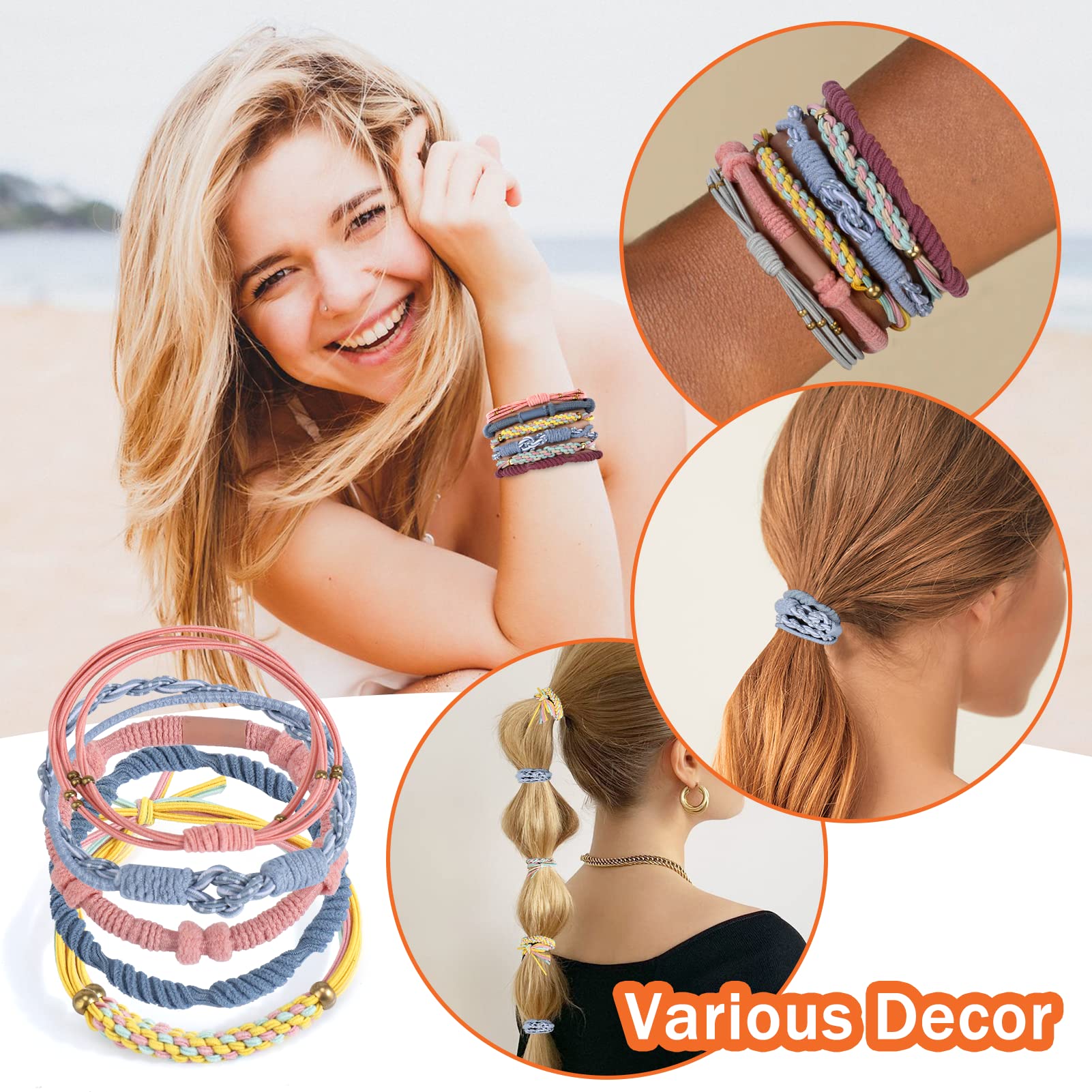 Bsresin Boho Hair Tie Bracelet For Women, 20 Pcs No Damage Hair Ties For Girls, 5 Styles Cute Hair Ties Bracelets For Thick Hair
