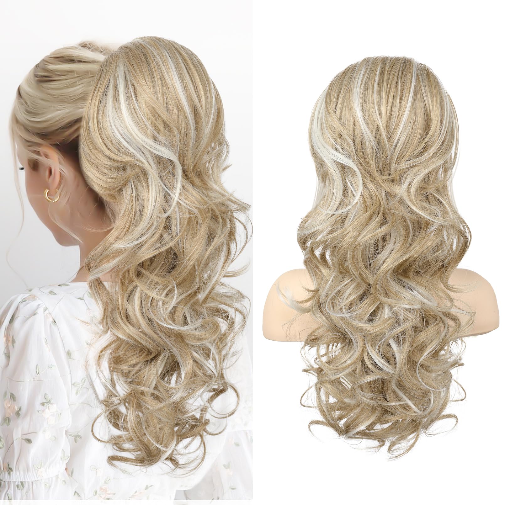 SEIKEA Ponytail Extension, 22'' Long Wavy Curly Drawstring Ponytail Multi-layered Fluffy Thick Clip in Hair Extensions Ponytail 