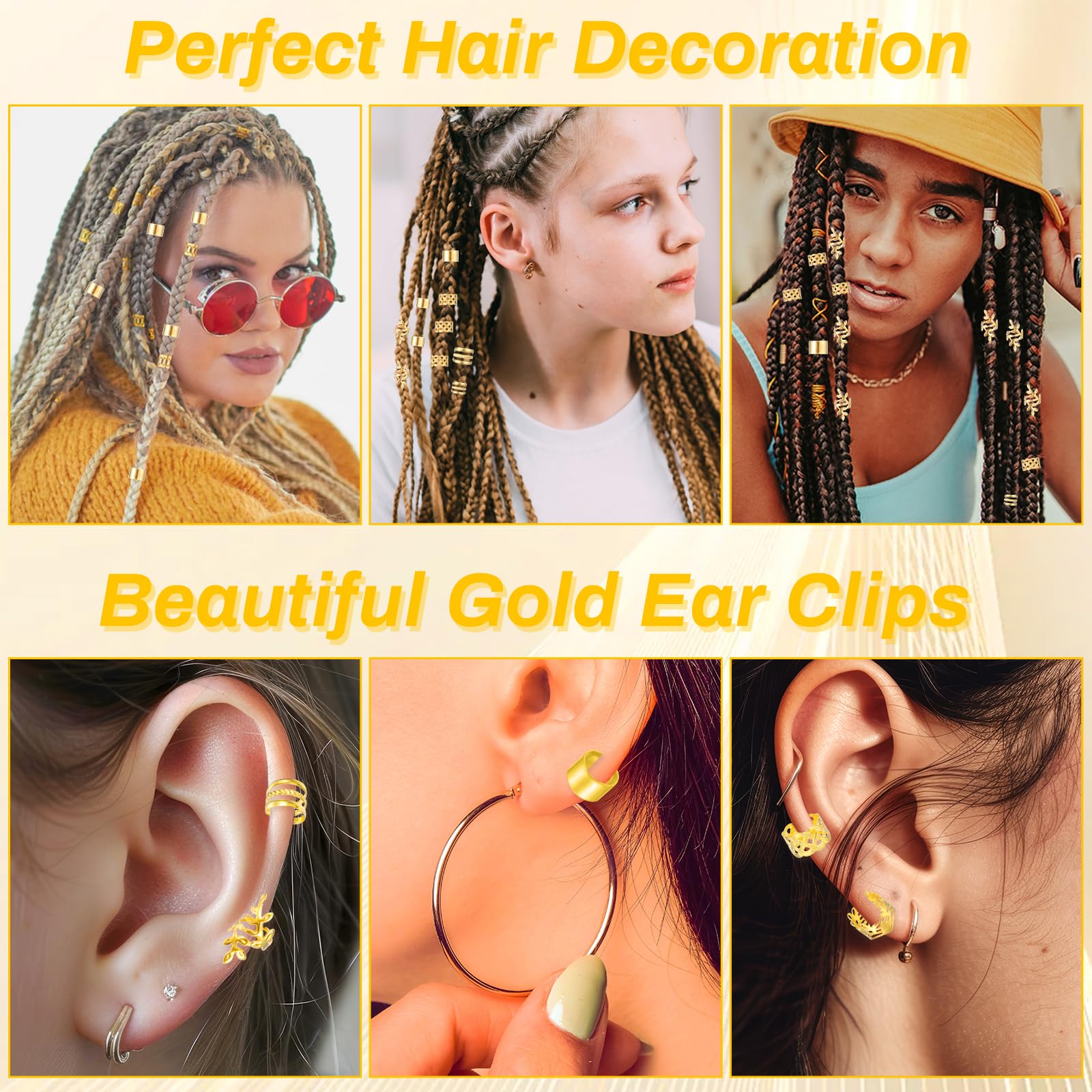 Tyqour 50pcs Gold Hair Jewelry, Loc Jewelry for Black Women, Hair Cuffs for Braids, Metal Hair Rings Charm Bead Clip for Braids