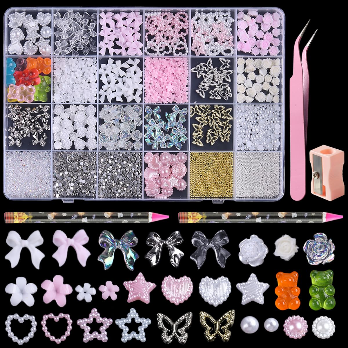 3D Nail Charms Bulk - Mix Assorted Colorful Nail Art Charms with Flowers, Hearts, Pearls, Butterflies, Bows & Crystals - Include