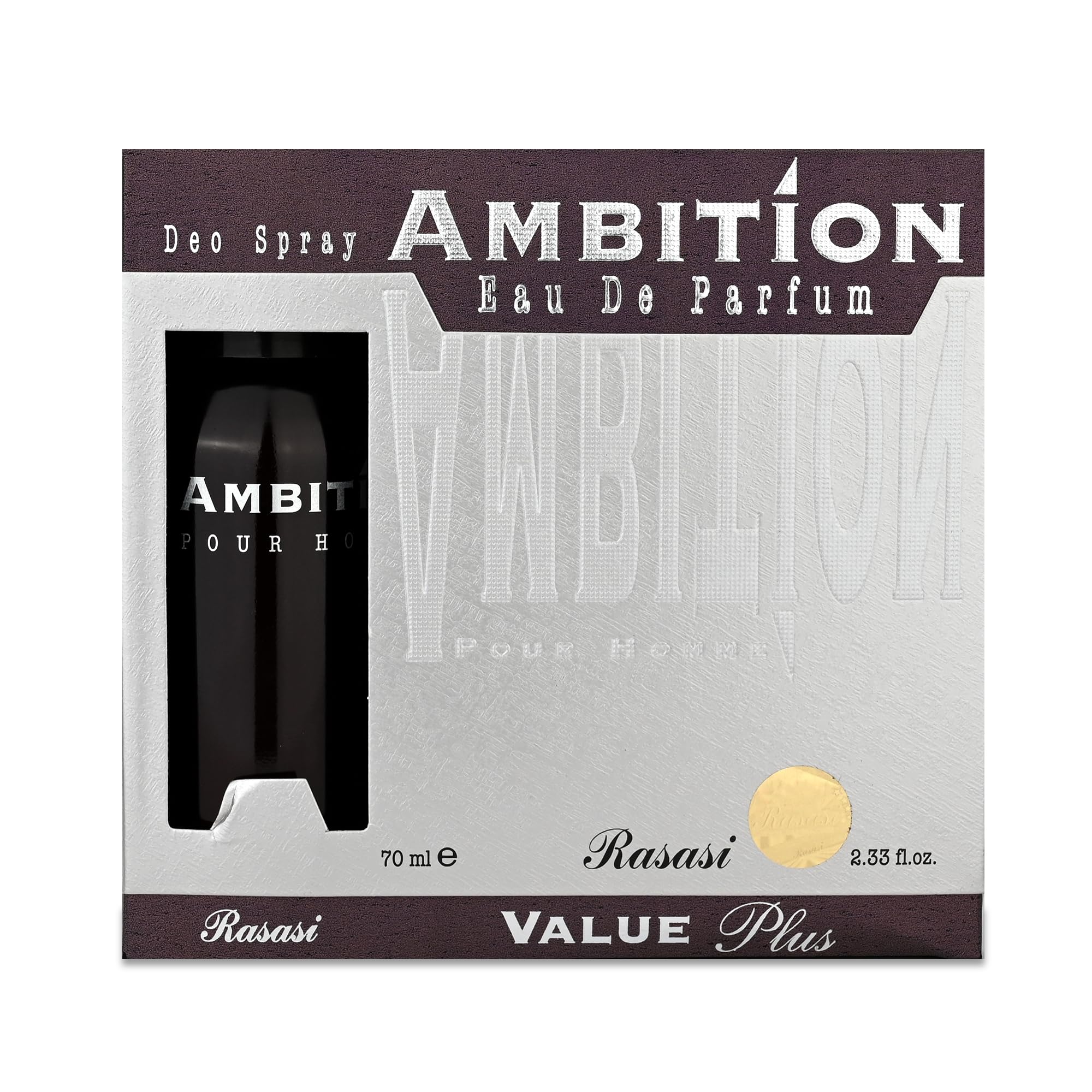 Rasasi Ambition 2-Piece Set for Men, (2.3 Oz Eau De Parfum Spray + 5.0 Oz Deodorant Body Spr)