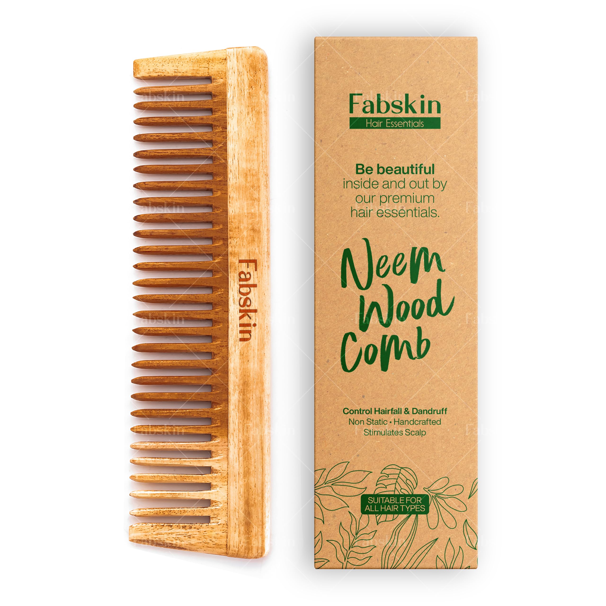 Fabskin Neem Wooden Comb For Men & Women | Wide Tooth Comb | Detangling, Frizz Control, Shine & Styling | For All Hair Types