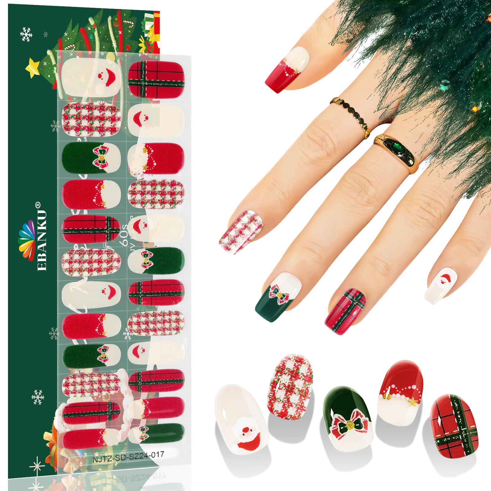 Ebanku 24Pcs Christmas Semi-Cured Gel Nail Strips, Santa Claus Adhesive Gel Nail Art Sticker, Waterproof Gel Nail Wrap Stickers