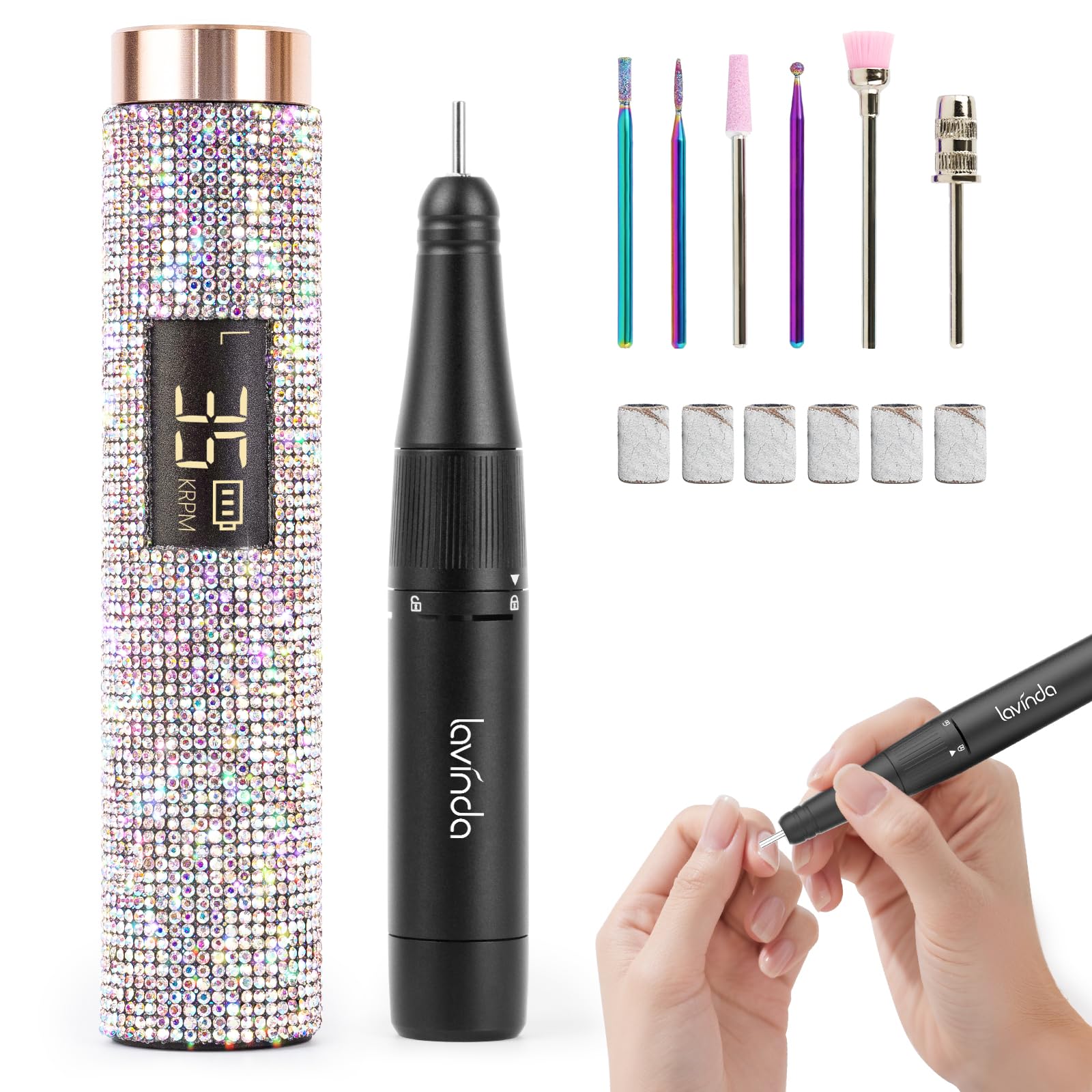 Lavinda Diamond Electric Nail Drill, Professional Rechargeable 35000RPM Electric Nail File Cordless Portable Nail Drill with Cor