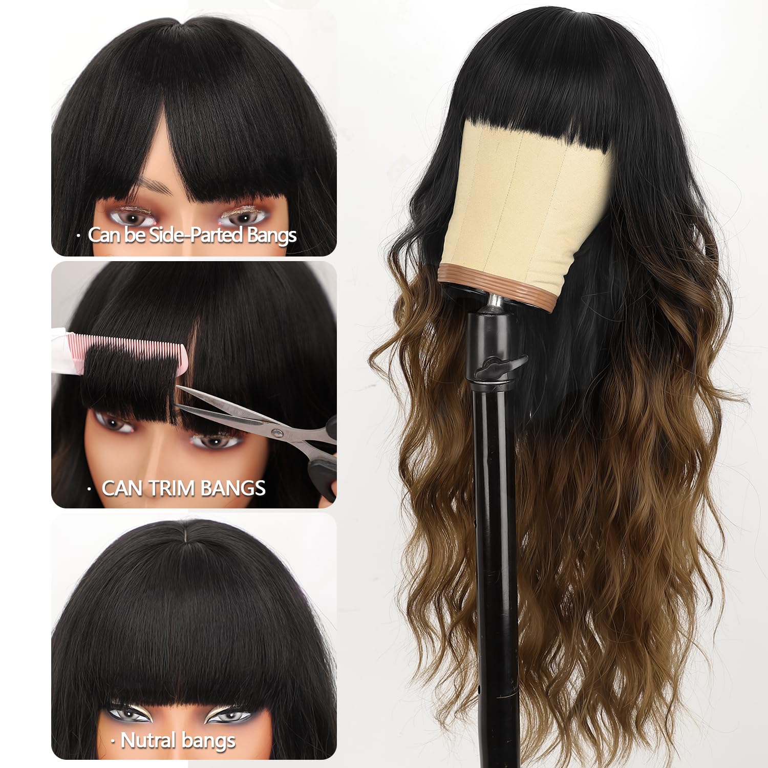 Aisi Hair Black To Brown Wig With Bangs Long Wavy Synthetic Wig For Women With Daily Party Use