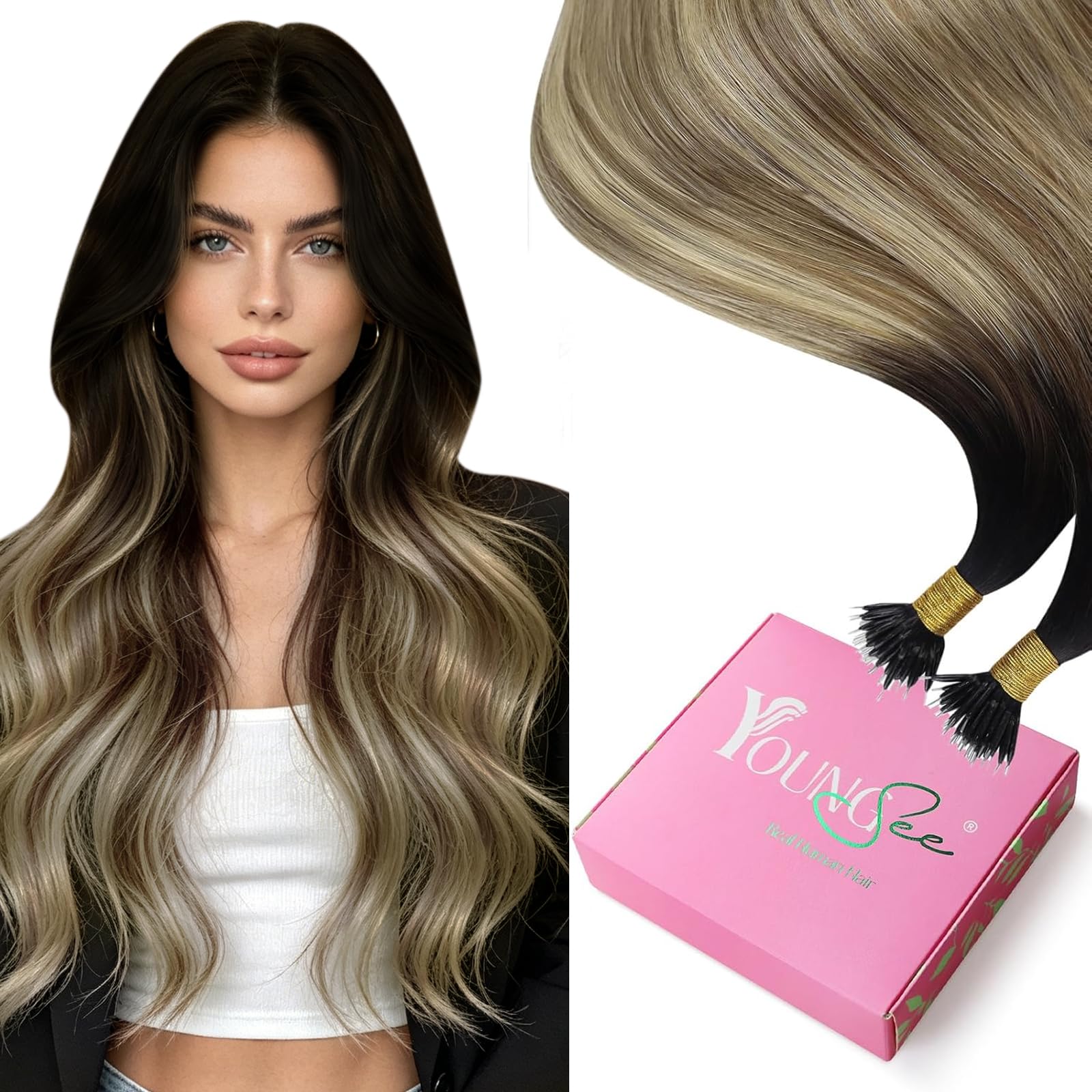 YoungSee Nano Hair Extensions Human Hair Ombre Brown Nano Link Hair Extensions Dark Brown to Medium Brown with Blonde Nanobead H