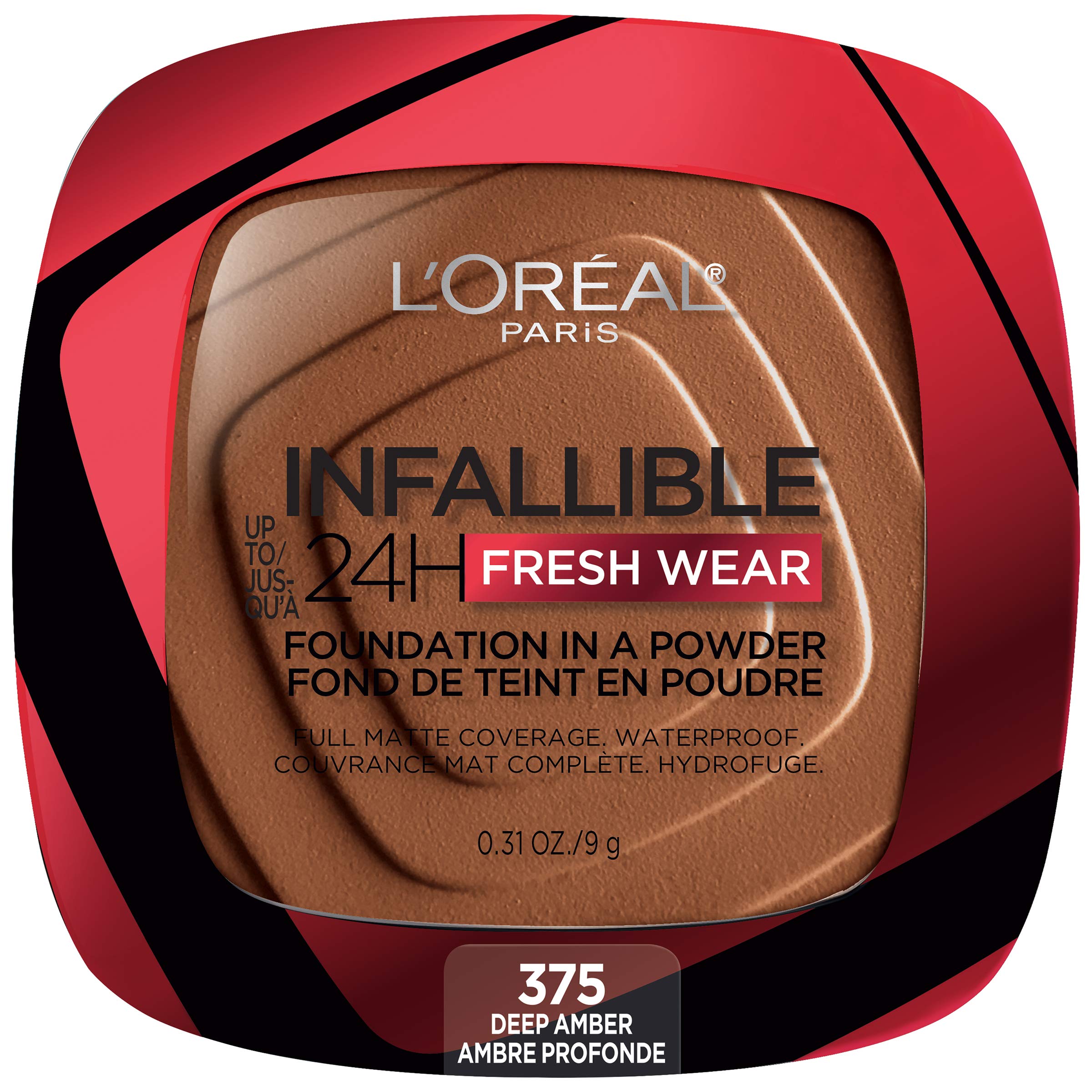 LOreal Paris Makeup Infallible Fresh Wear Foundation in a Powder, Up to 24H Wear, Waterproof, Deep Amber, 0.31 oz.
