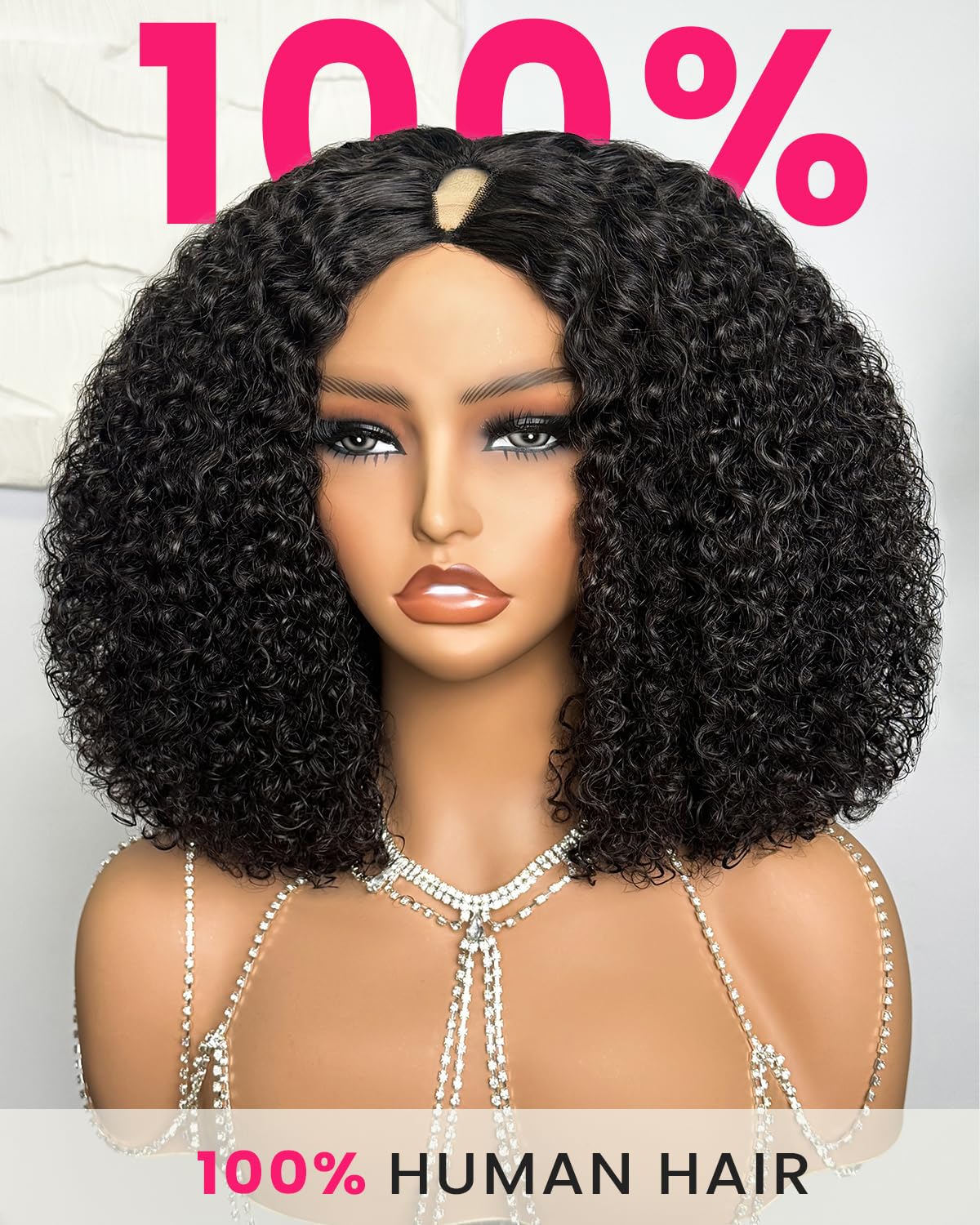 Megalook V Part Wig Human Hair Half Wigs For Black Women U Part Human Hair Wig Curly Bob Wigs 180% Density Deep Wave Wig U Part