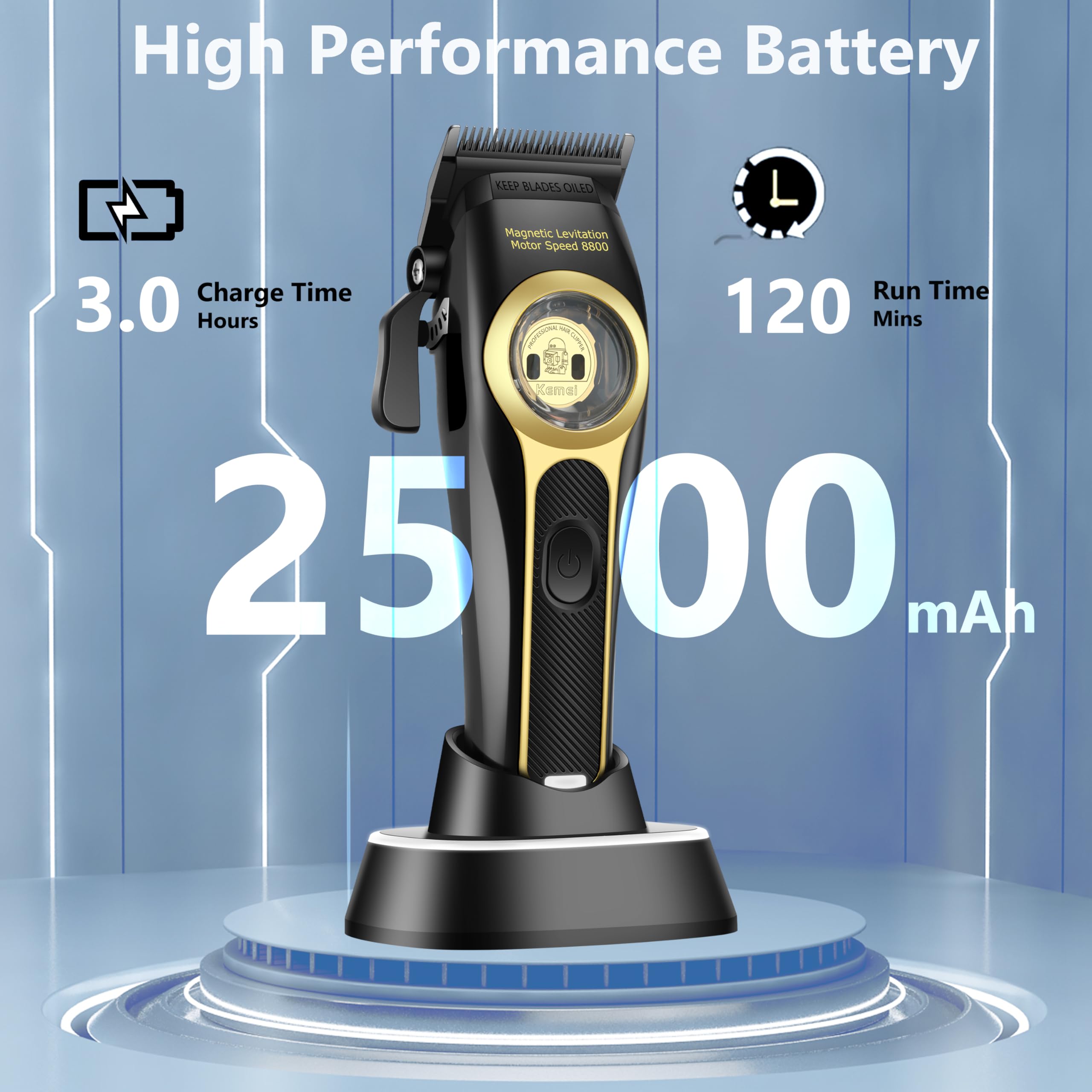Kemei 2373 Professional Hair Clippers For Men, Cordless Barber Clipper With 8800 Rpm Magnetic Levitation Motor, Adjustable Hair
