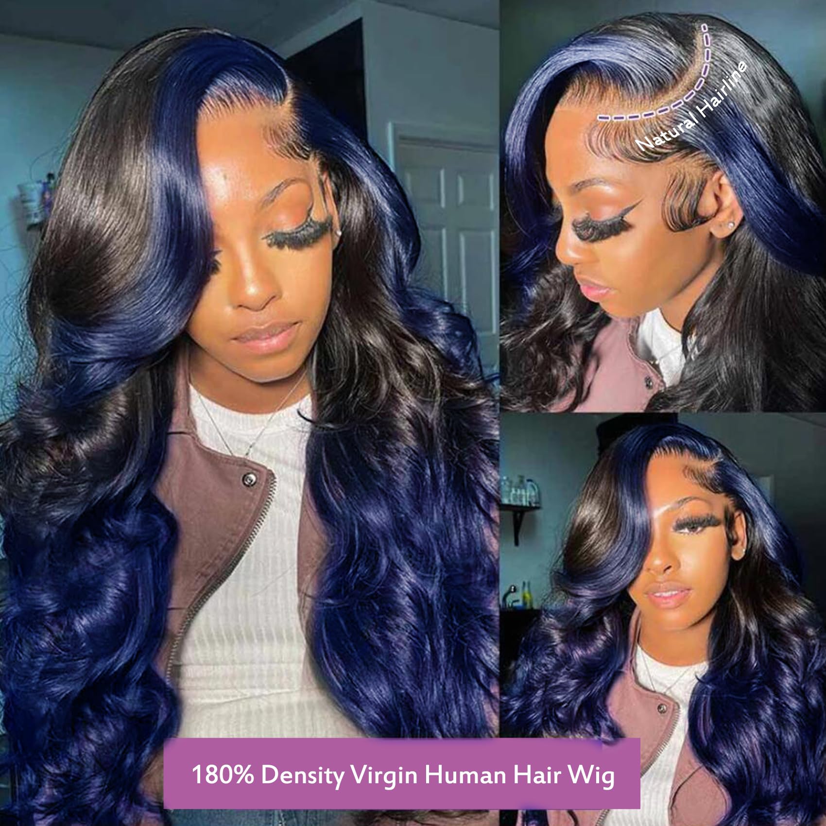 Yms Royal Blue Hd Lace Front Wigs Human Hair Pre Plucked Ombre Blue Human Hair Wig 180% Density Lace Frontal Wigs Human Hair 28