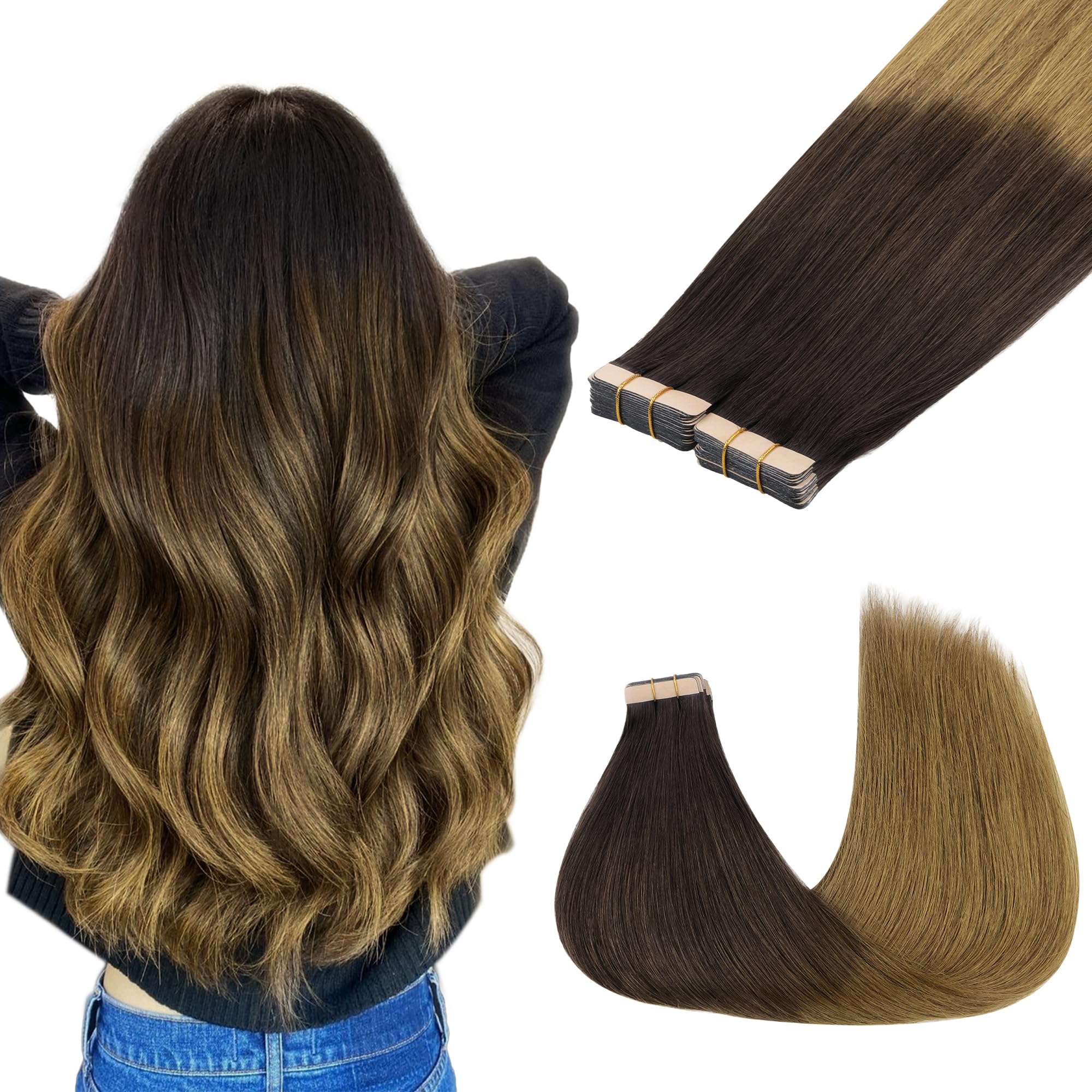 Goo Goo Tape In Hair Extensions Human Hair, 1D/2C/4E Chocolate Dip Color Melt, 22Inch 100G 40Pcs, Thick Ends Straight Seamless T