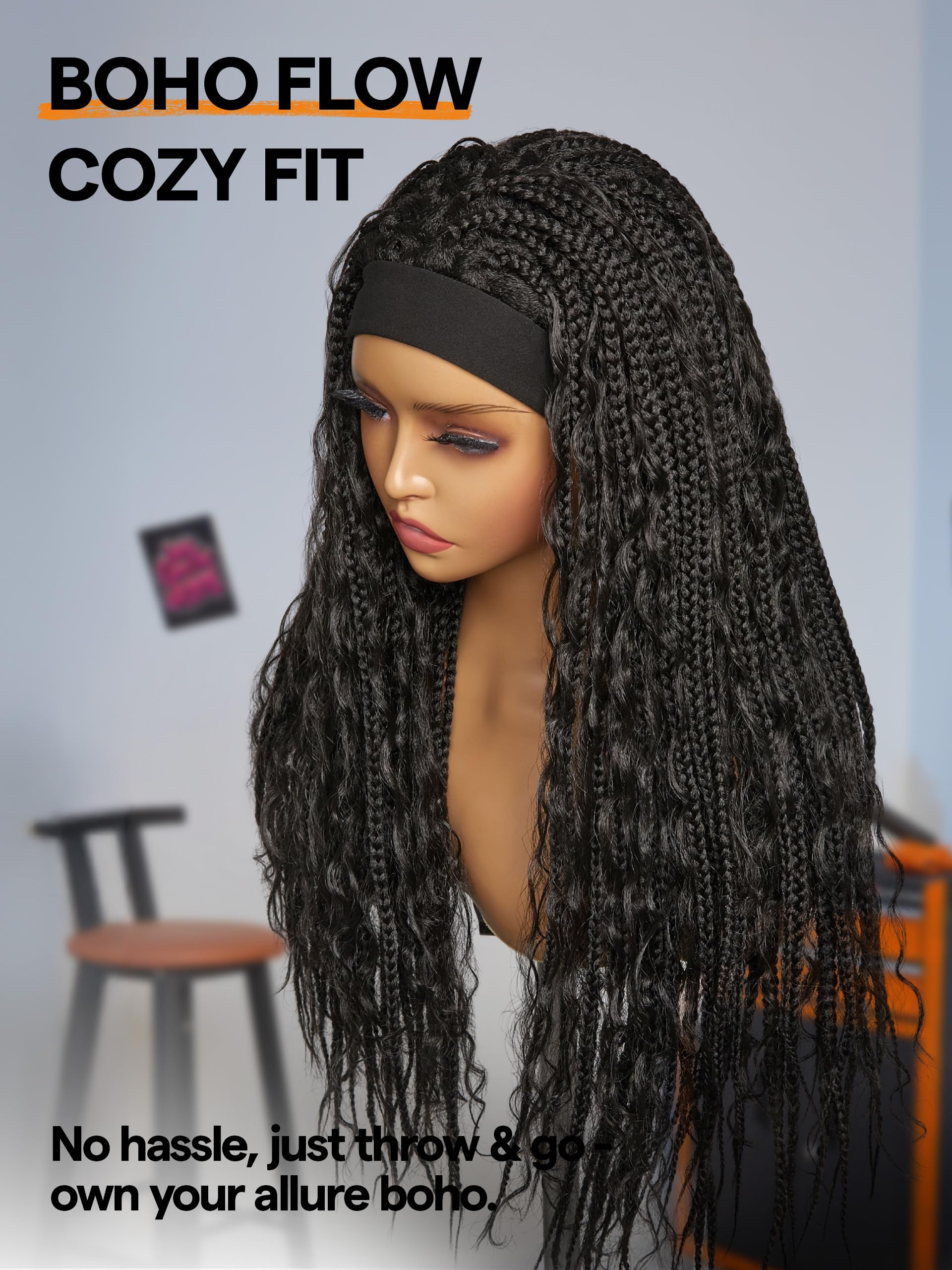 Gorgius Goddess Braided Headband Wig With Curly Hair Black Synthetic Box Braid Wig With Head Band Attached Knotless Ready To Go