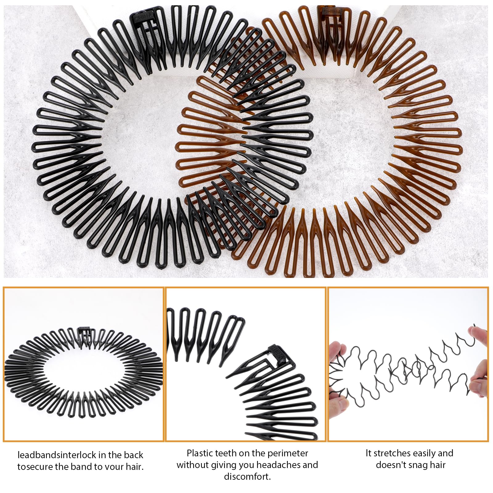 Gjinxi 6PCS Full Circular Stretch Comb Headbands, Flexible Plastic Circle Comb, Elastic Zig Zag Circle Tooth Headband Hairband H