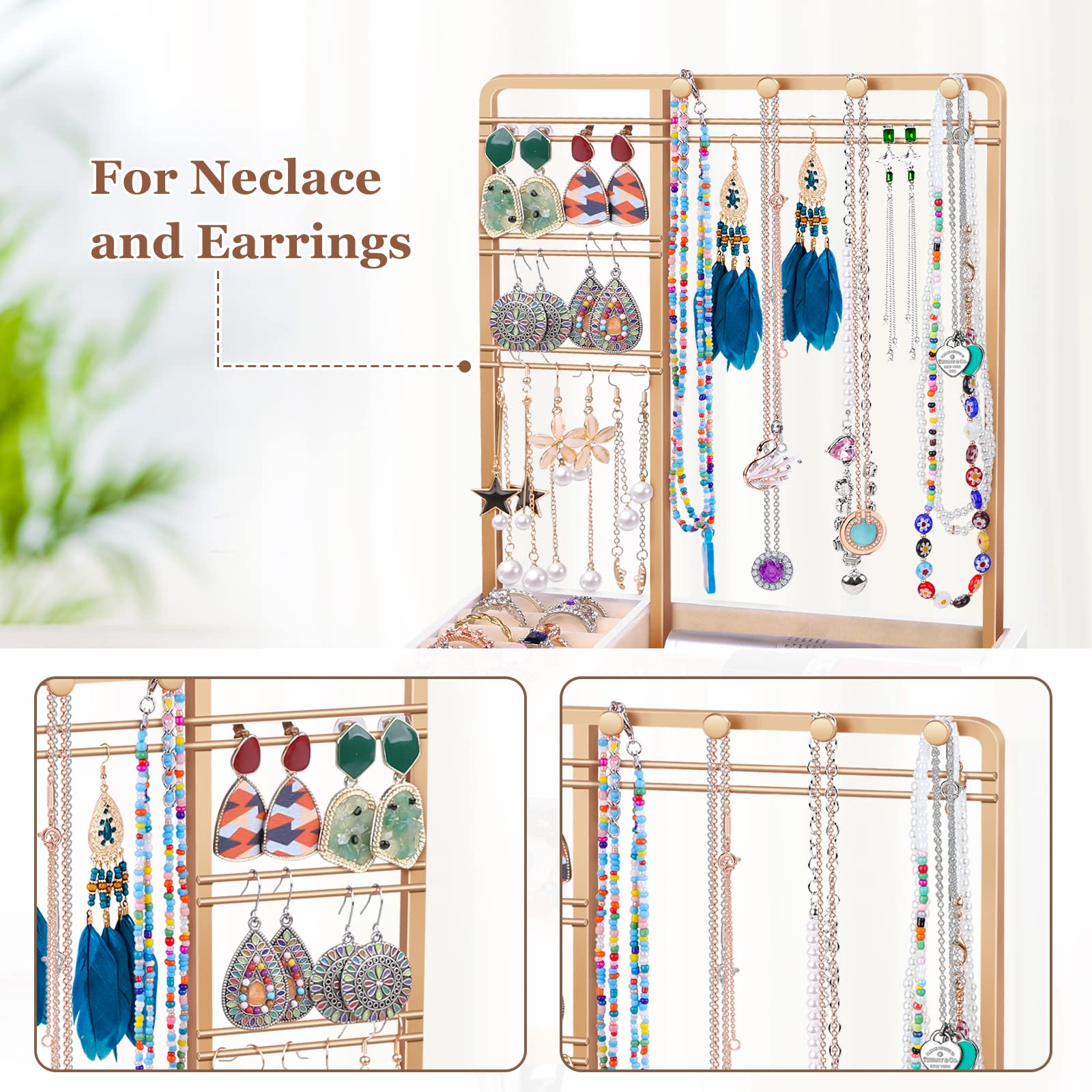 Teamkio Jewelry Stand Tree with Large White Storage Box, Tabletop Jewelry Organizer Display Tree for Necklace, Rings, Bracelets,