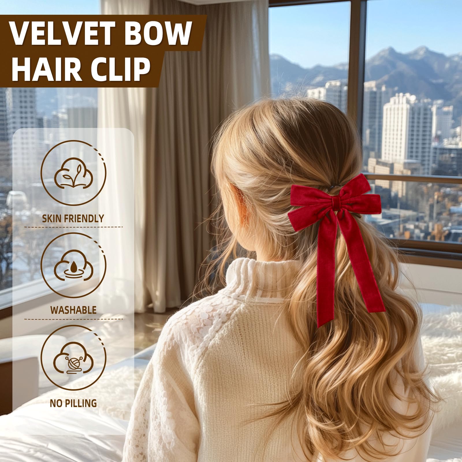 2Pcs Red Hair Bows Soft Velvet Bow Hair Clip With Long Tail Hair Accessories For Women Girls Toddlers